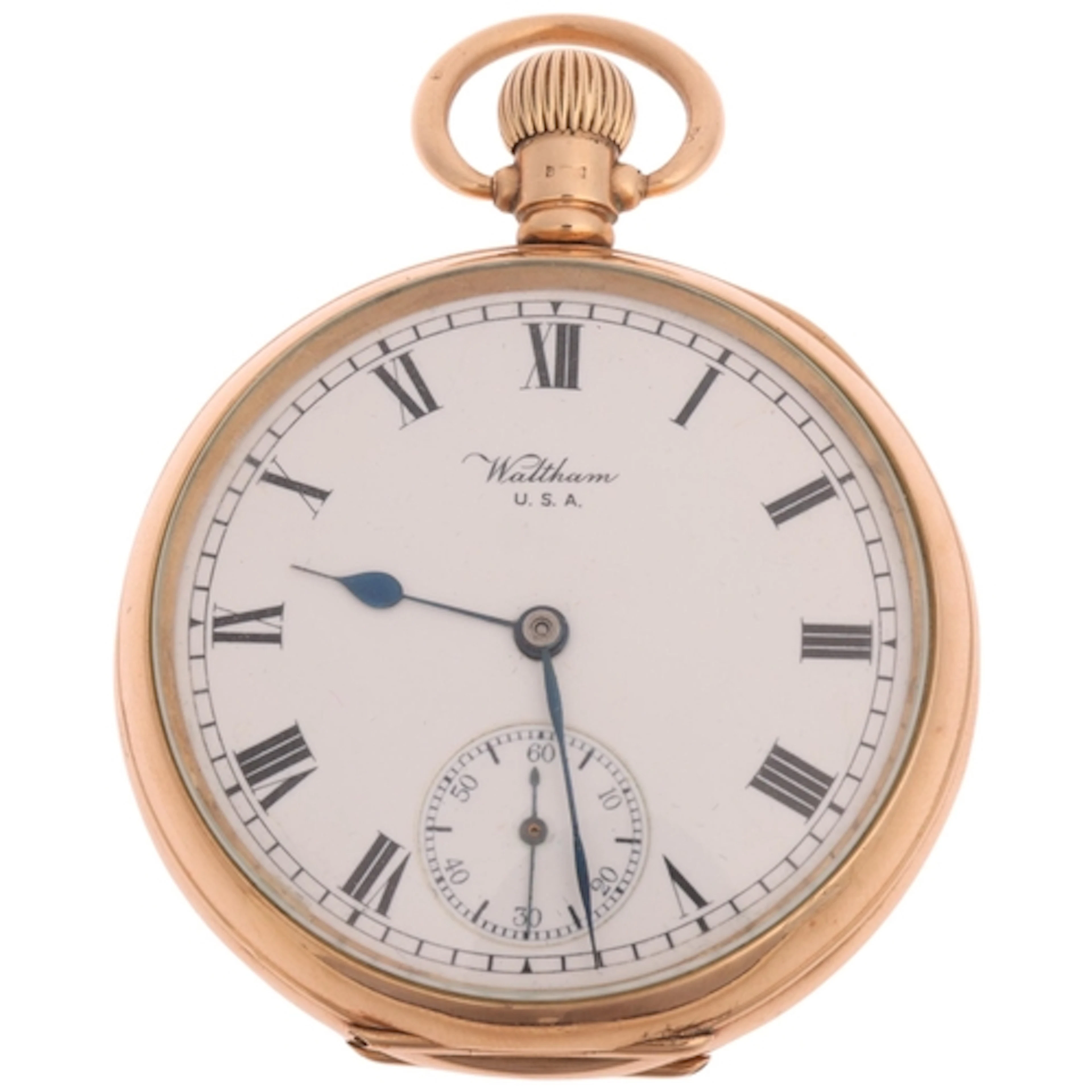 WALTHAM - a 9ct rose gold open-face keyless pocket watch, wh...