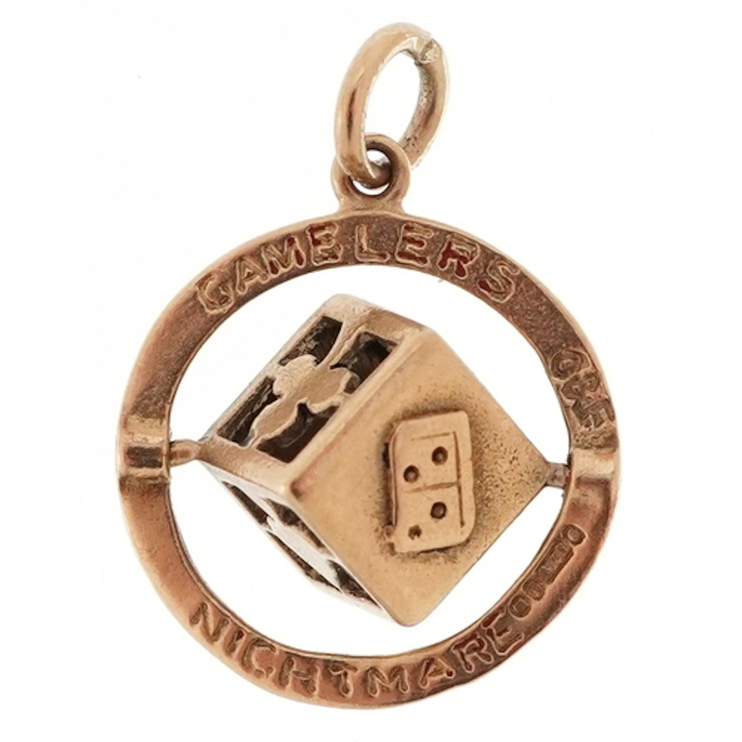 9ct gold Gambler's Nightmare charm with rotating dice, 1.6cm...