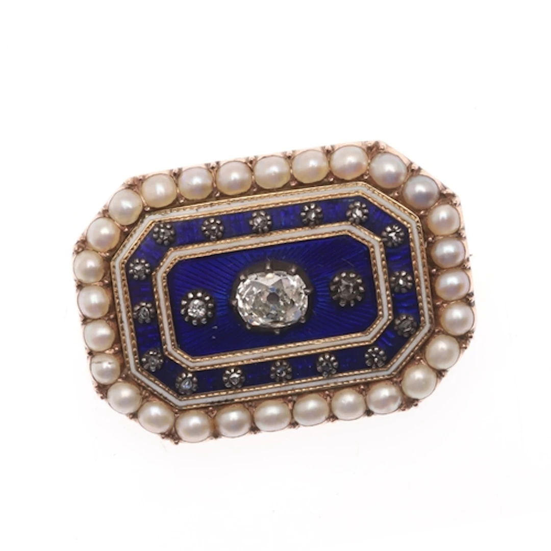 A VICTORIAN BLUE ENAMEL, DIAMOND AND PEARL BROOCH. the royal...