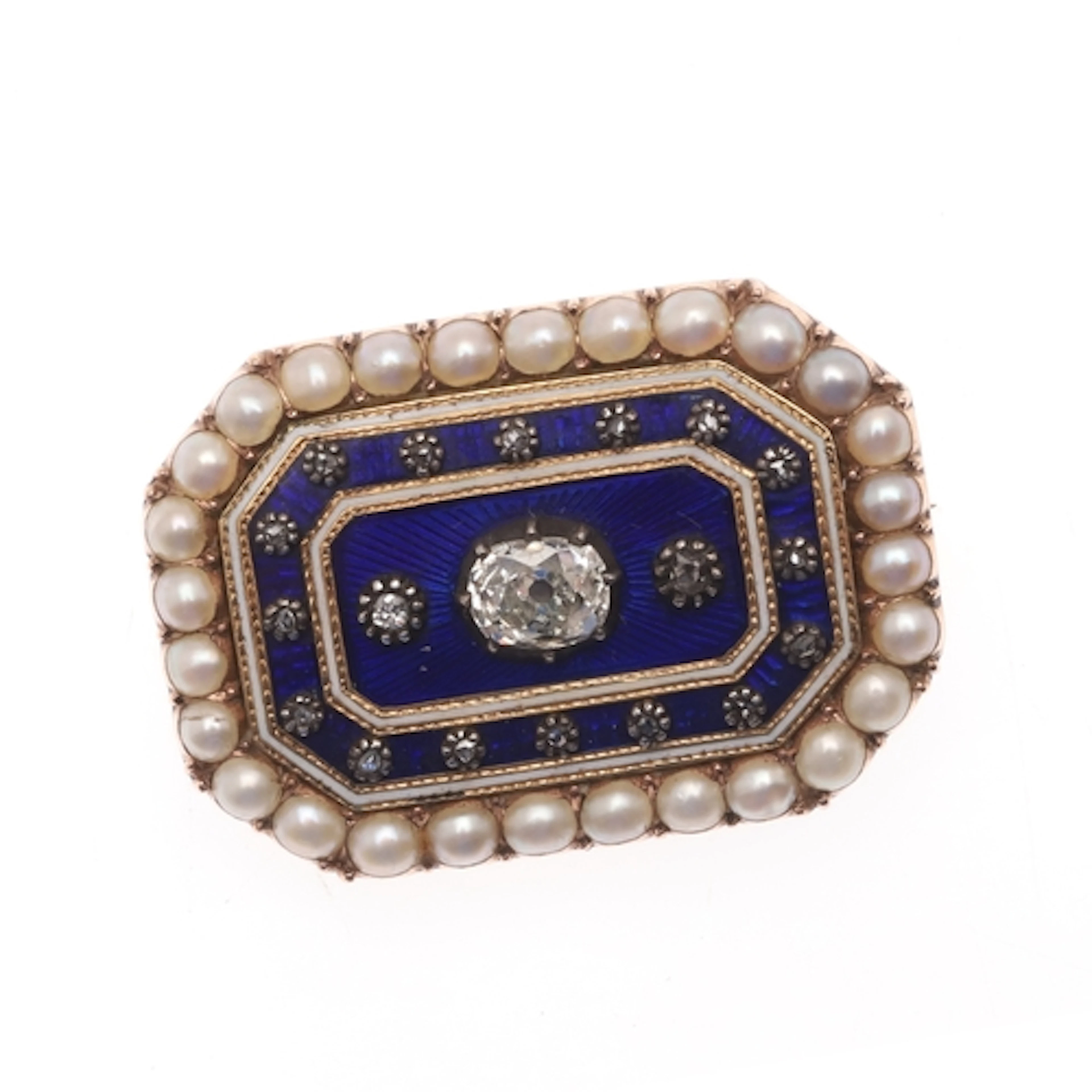 A VICTORIAN BLUE ENAMEL, DIAMOND AND PEARL BROOCH. the royal...