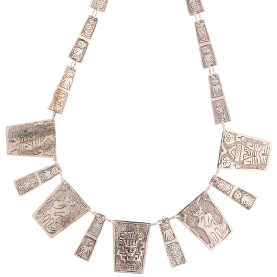 A South American silver panel fringe necklace, Ecuador, each...
