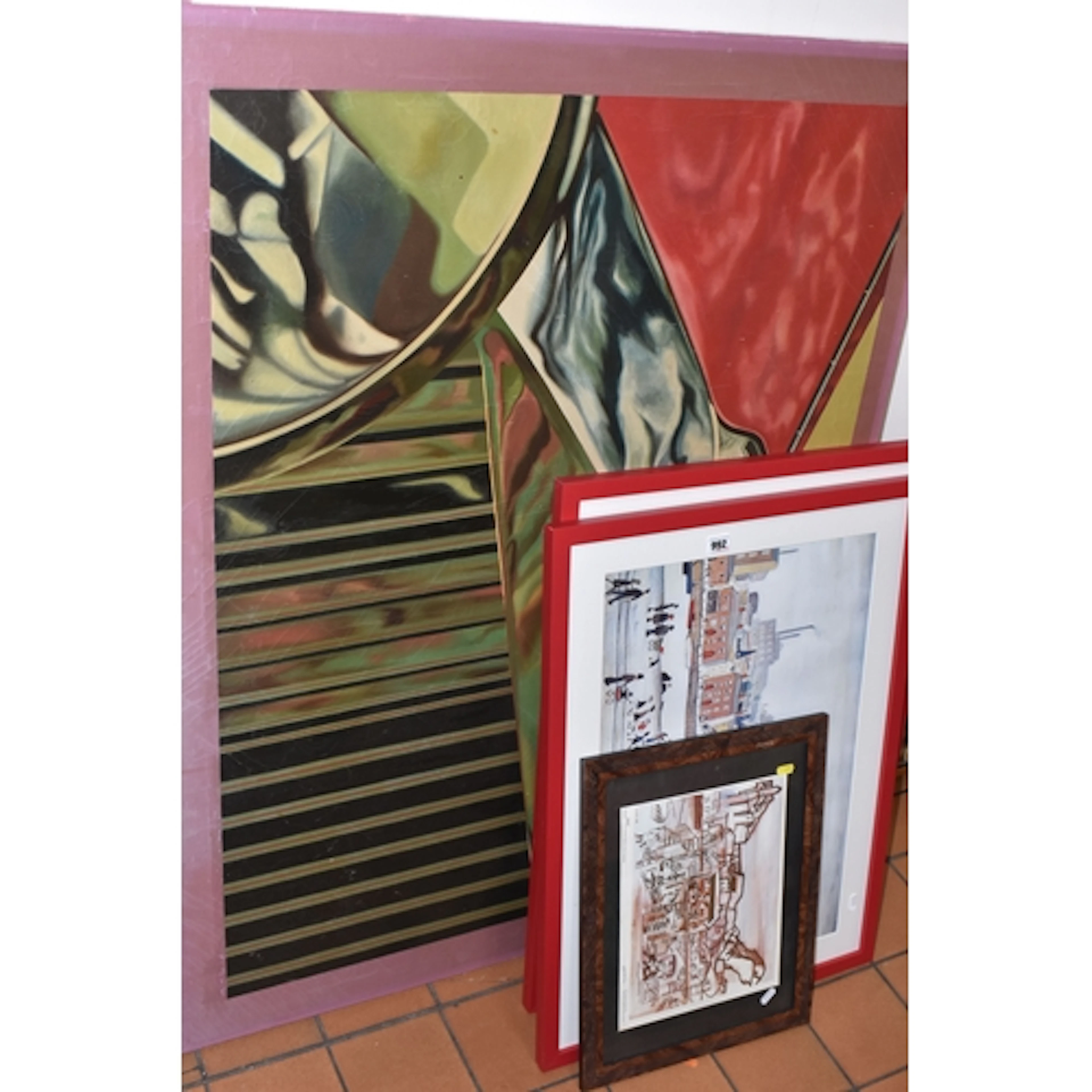 THREE FRAMED PRINTS AND A DELAGE CANVAS PAINTING comprising ...