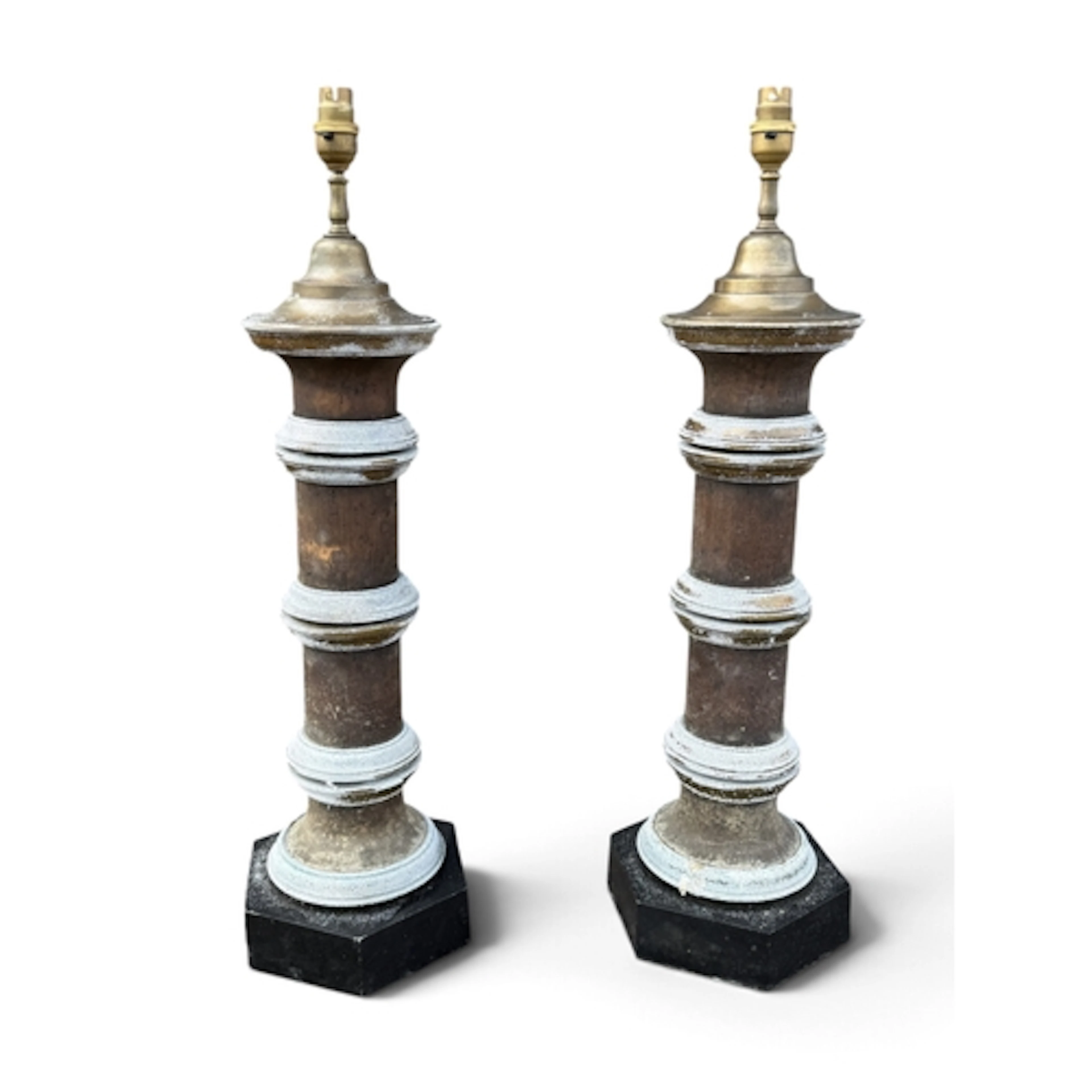 A PAIR OF MID-CENTURY BRONZE COLUMN TABLE LAMPS Mounted on h...