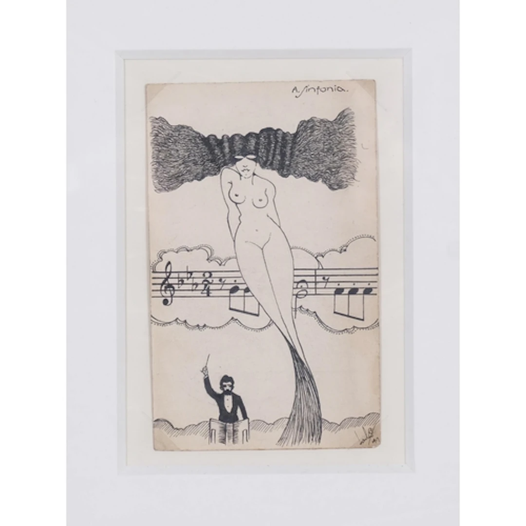 A miniature pen and ink drawing, musical composition, indist...