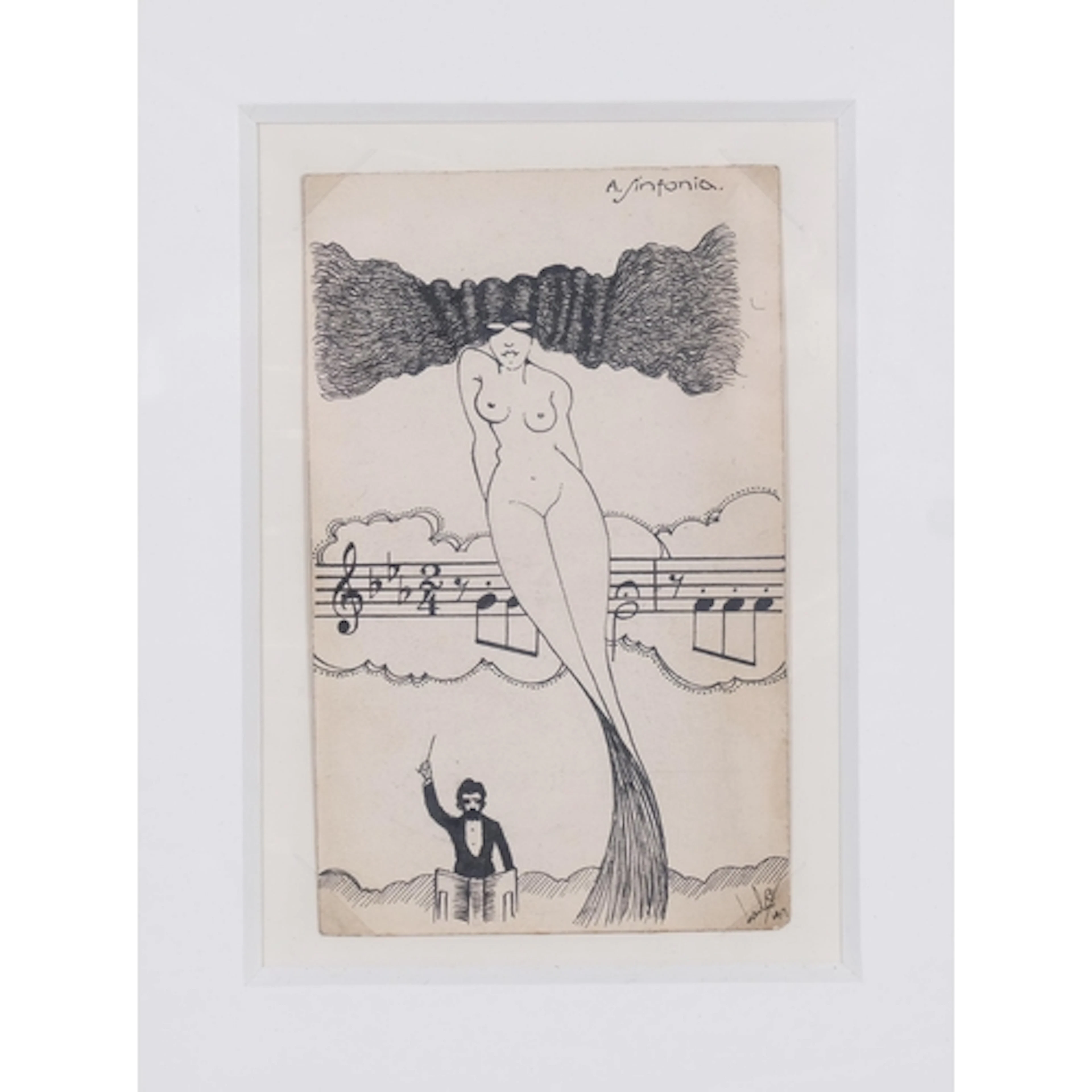 A miniature pen and ink drawing, musical composition, indist...