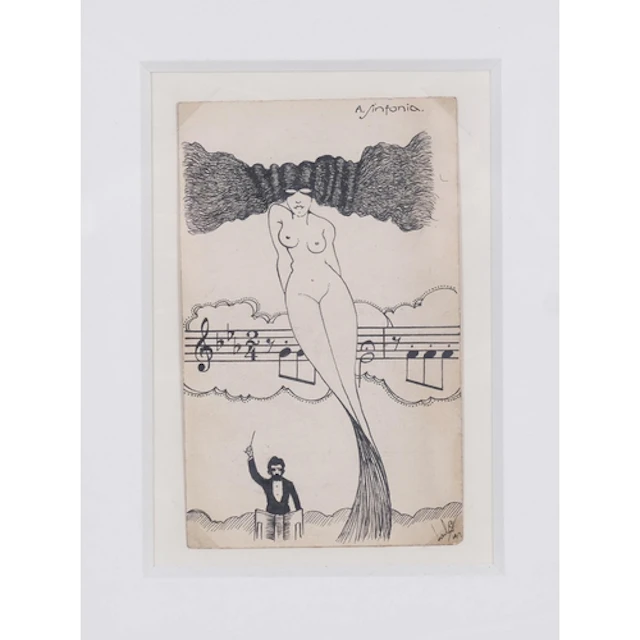 A miniature pen and ink drawing, musical composition, indist...