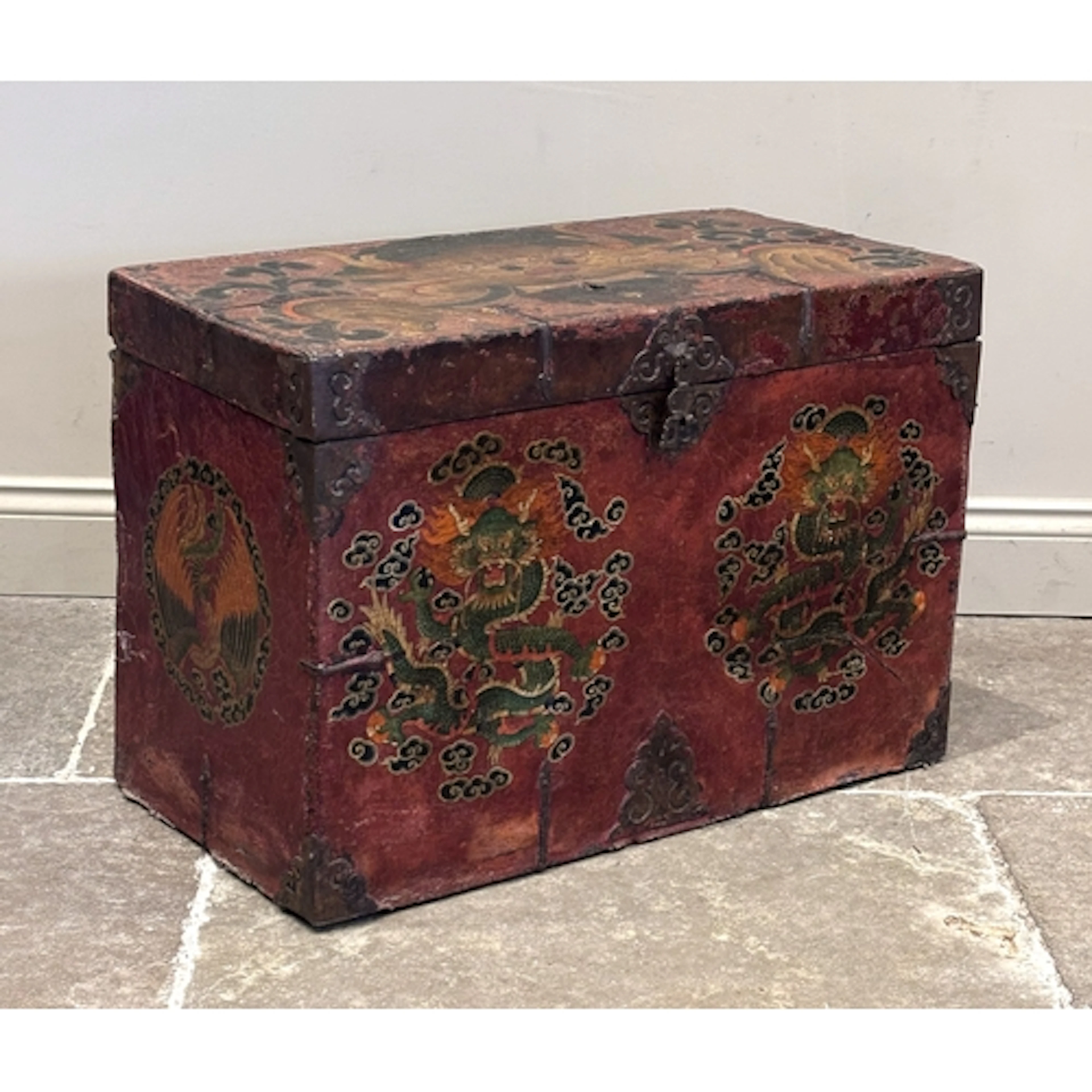 A Chinese red vellum bound trunk, 19th century, of rectangul...