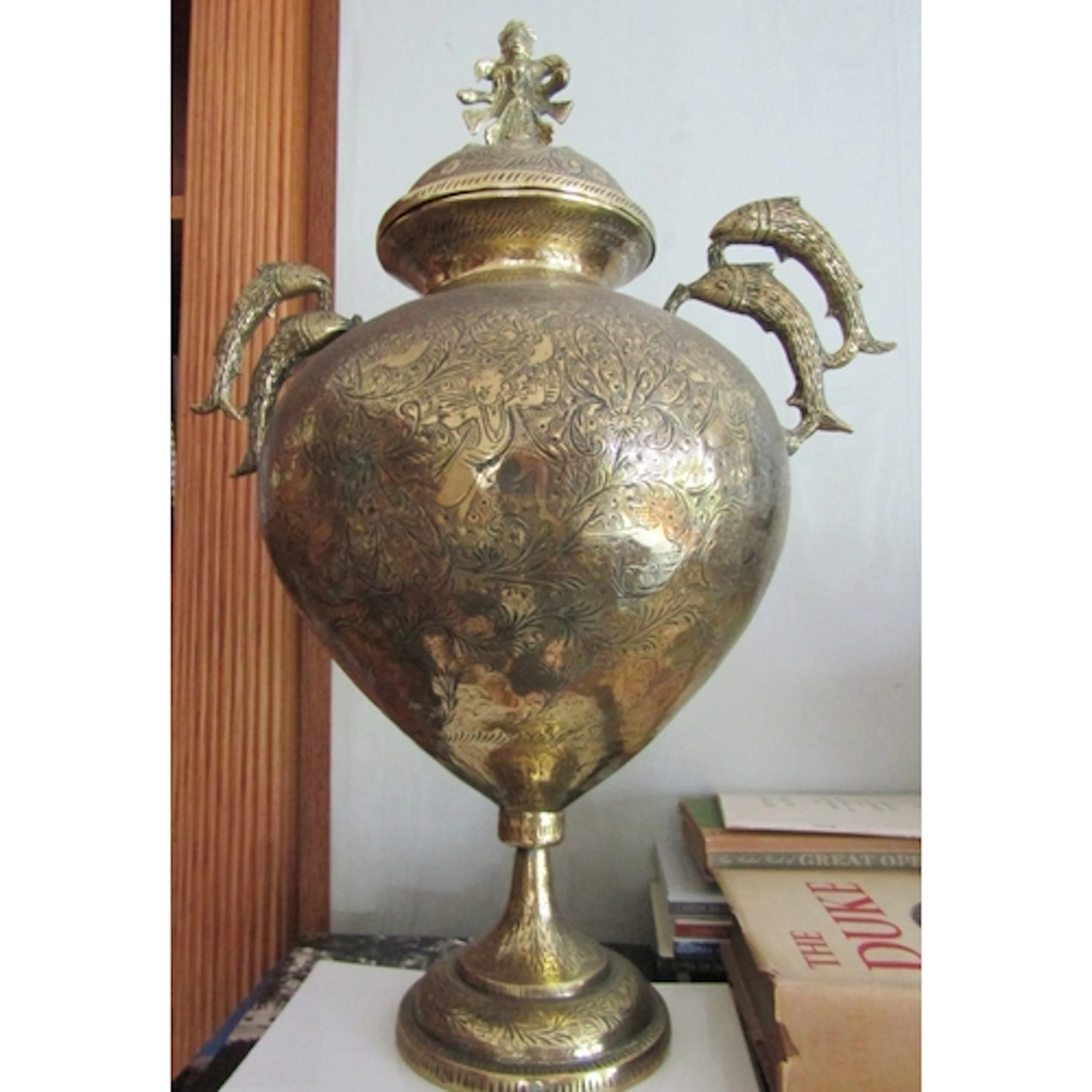 Antique Engraved Urn with Dolphin Motif Twin Side Handles Or...