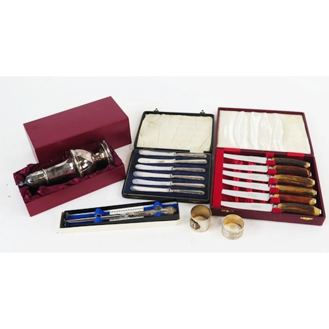Assorted silver and plated wares to include silver handled b...