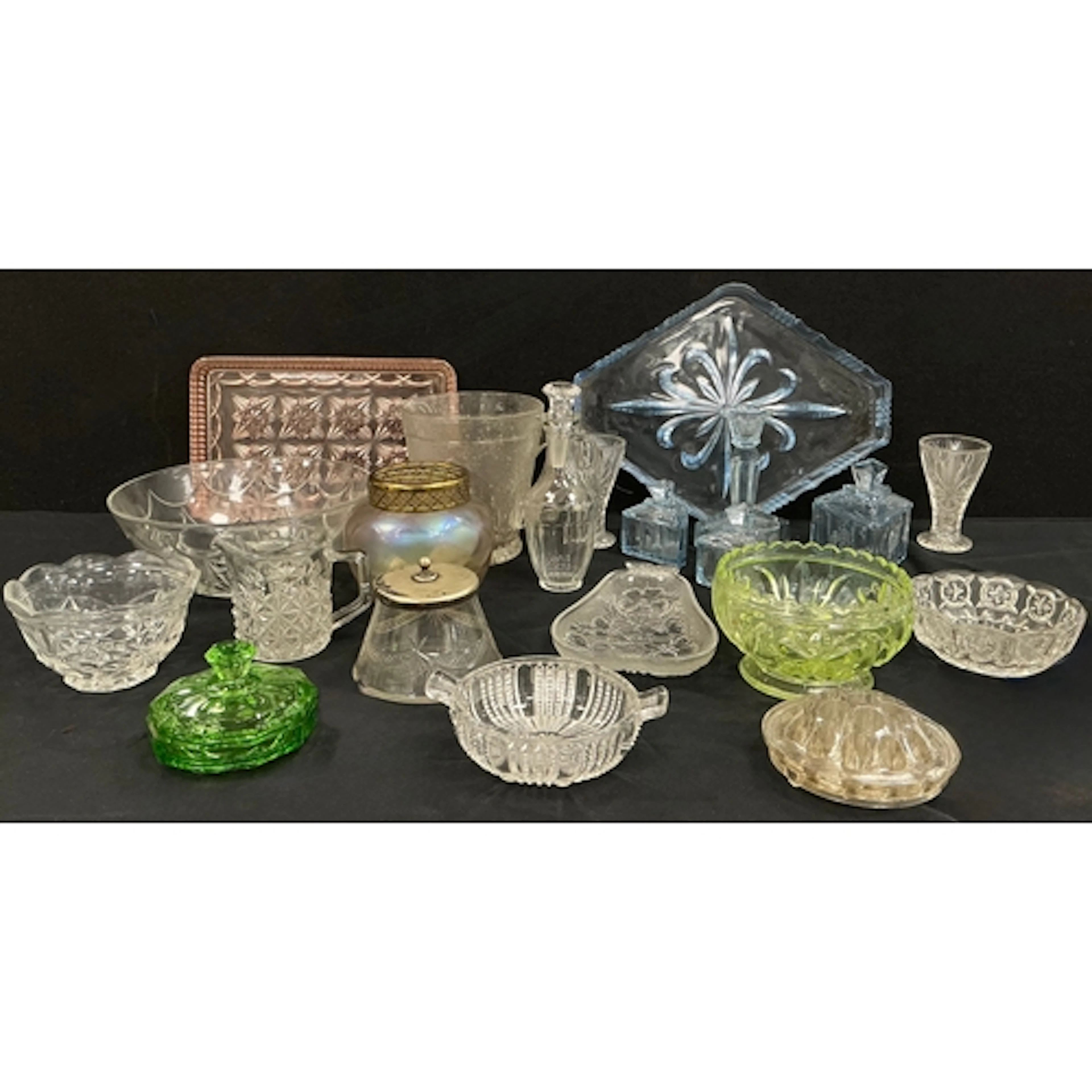 An art deco blue vanity set to include a diamond shape vani...