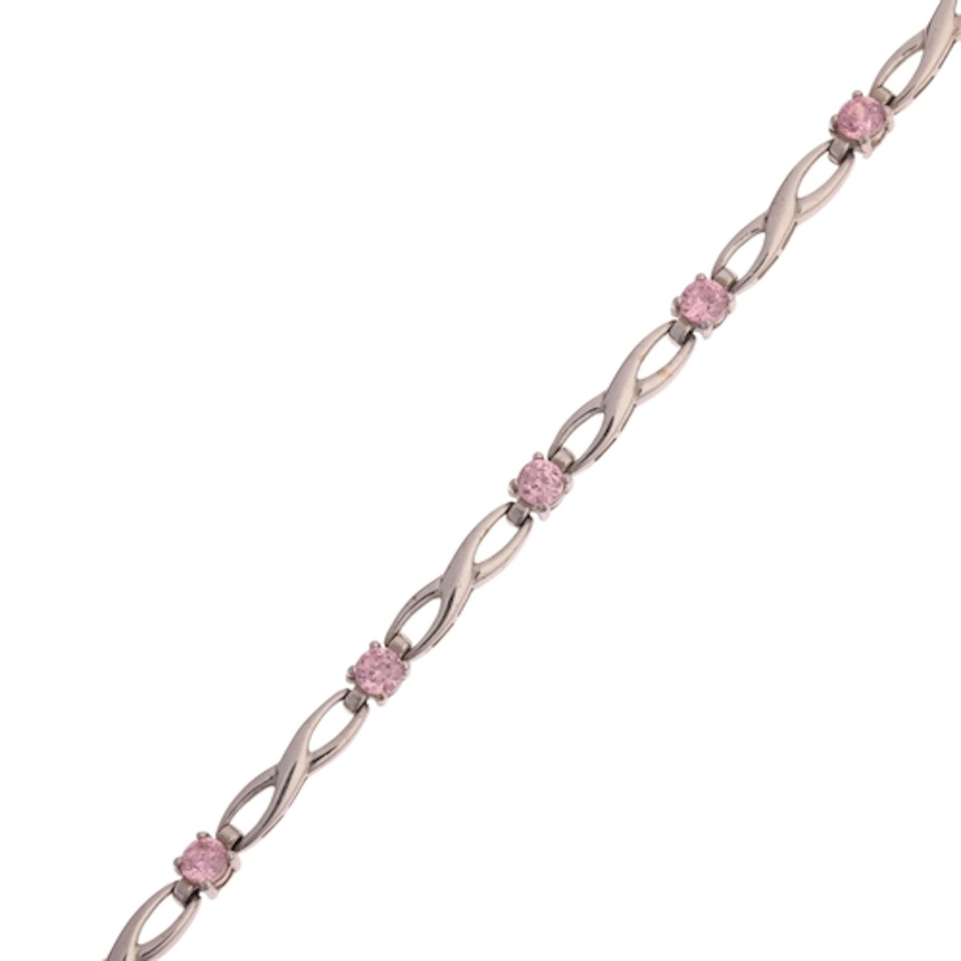A 9ct white gold pink tourmaline bracelet, claw set with rou...