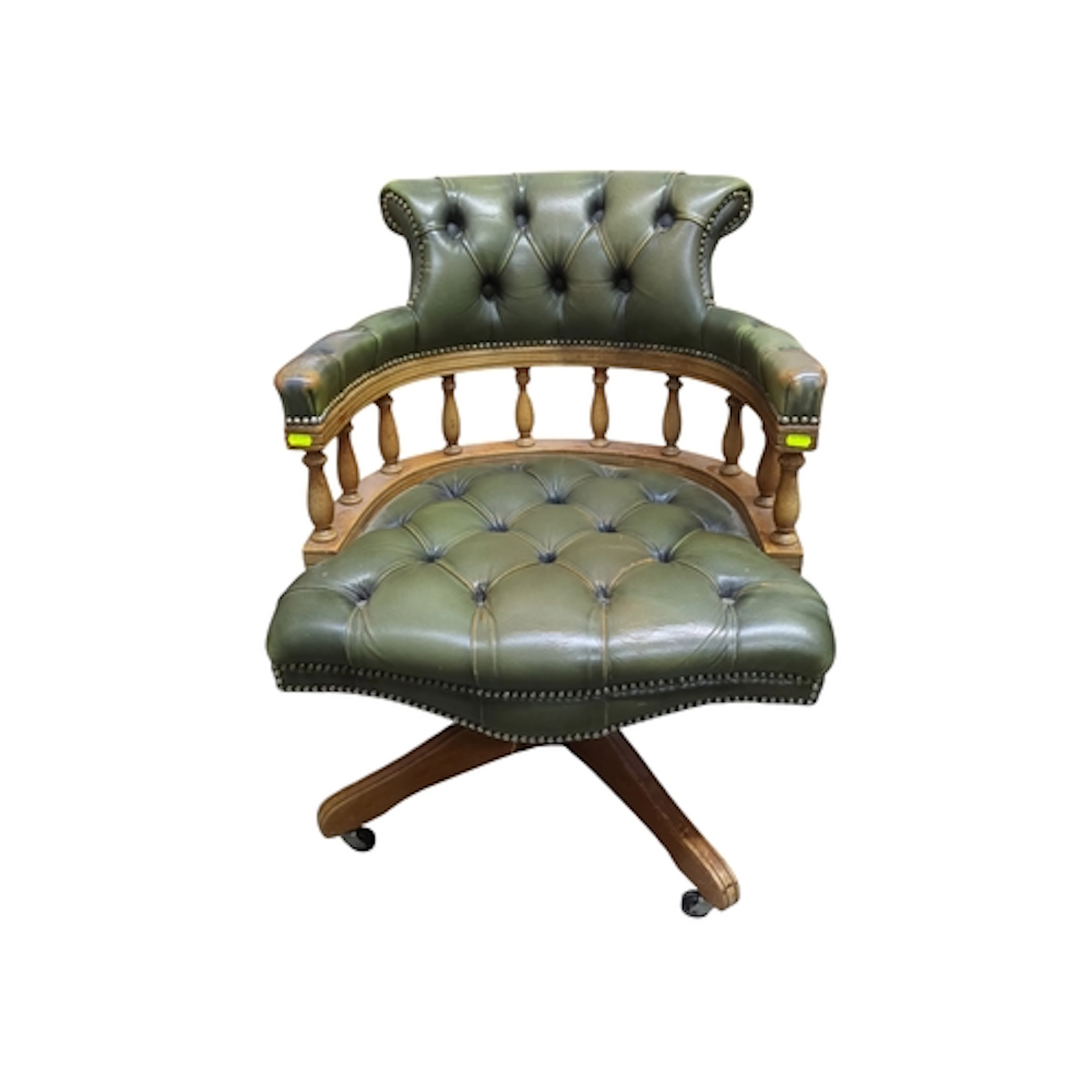 Green leather-upholstered swivel desk chair with deep-button...