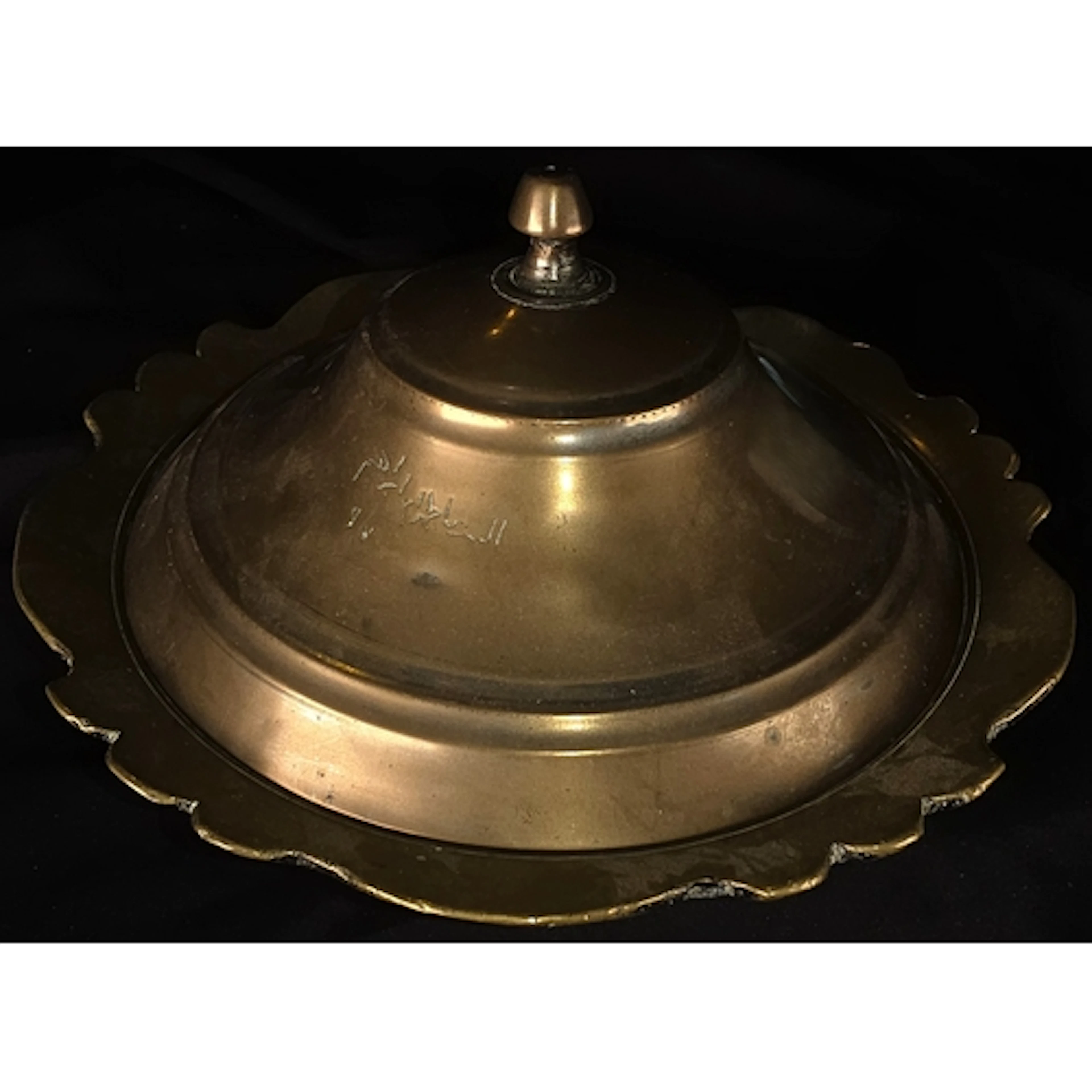 An antique Turkish lidded brass bowl with scalloped edges, w...