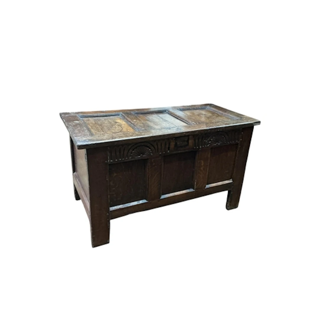 An 18th century panelled oak coffer, width 104cm, depth 49cm...