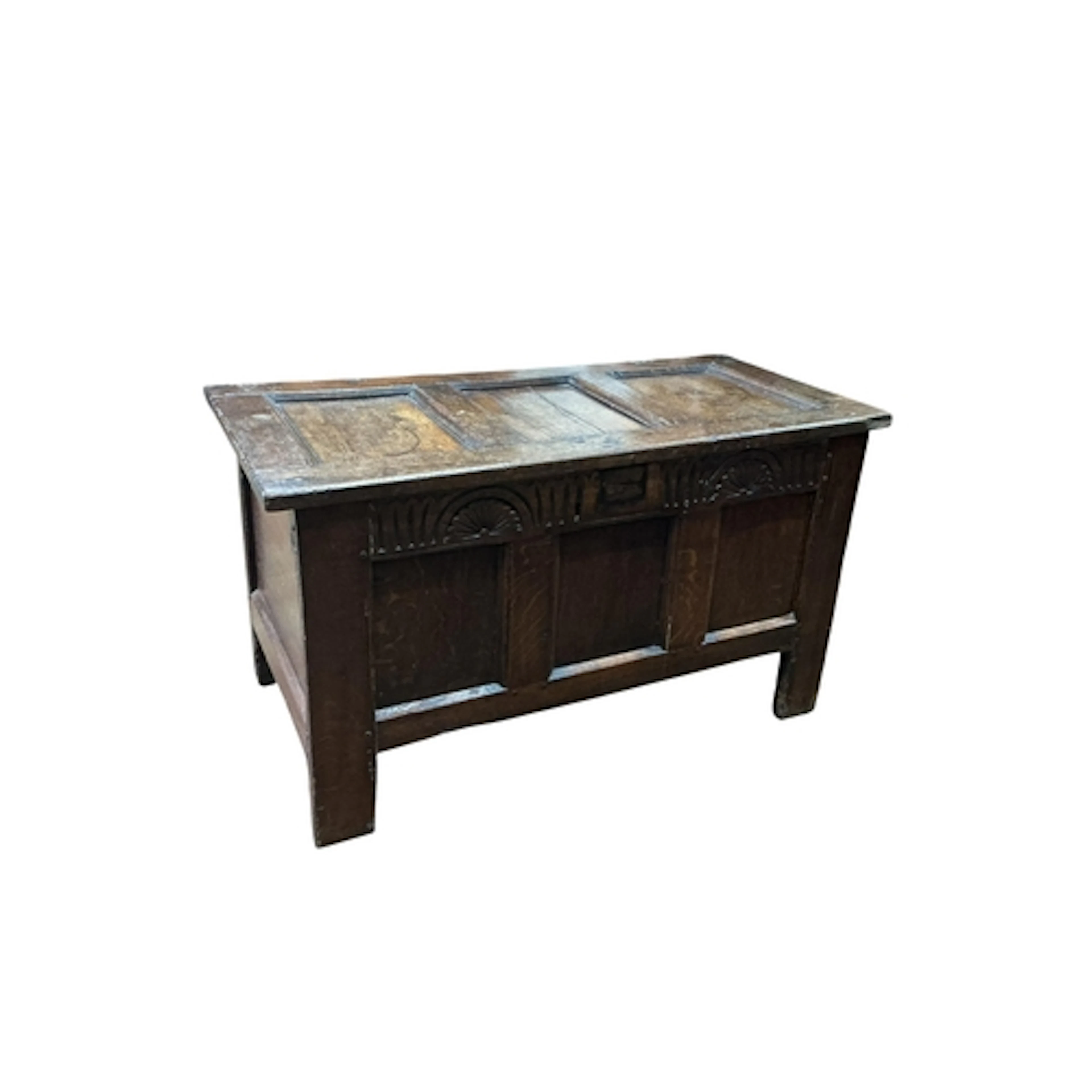 An 18th century panelled oak coffer, width 104cm, depth 49cm...
