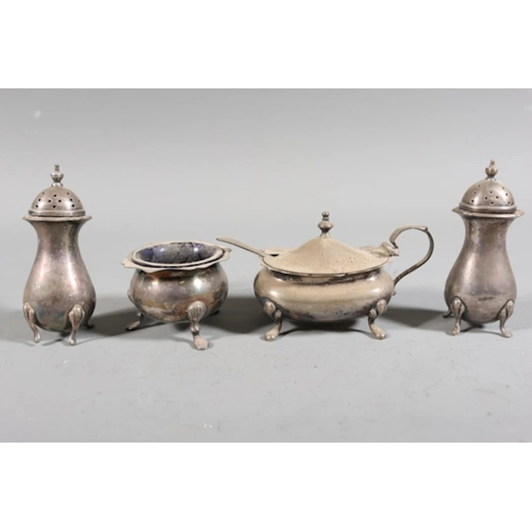 Harlequin set of four silver cruets, various makers, 180g gr...