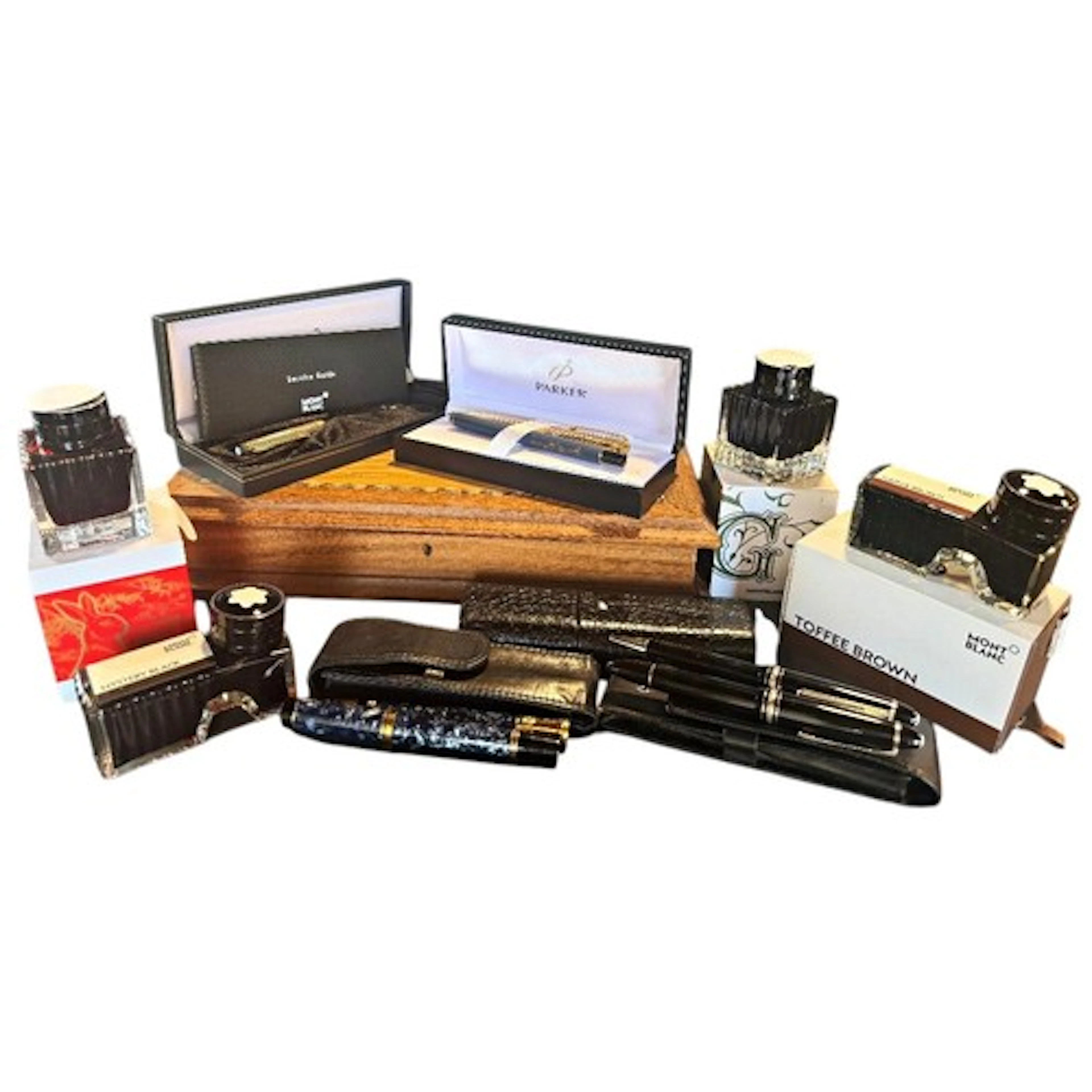 A collection of various writing equipment to include a Montb...