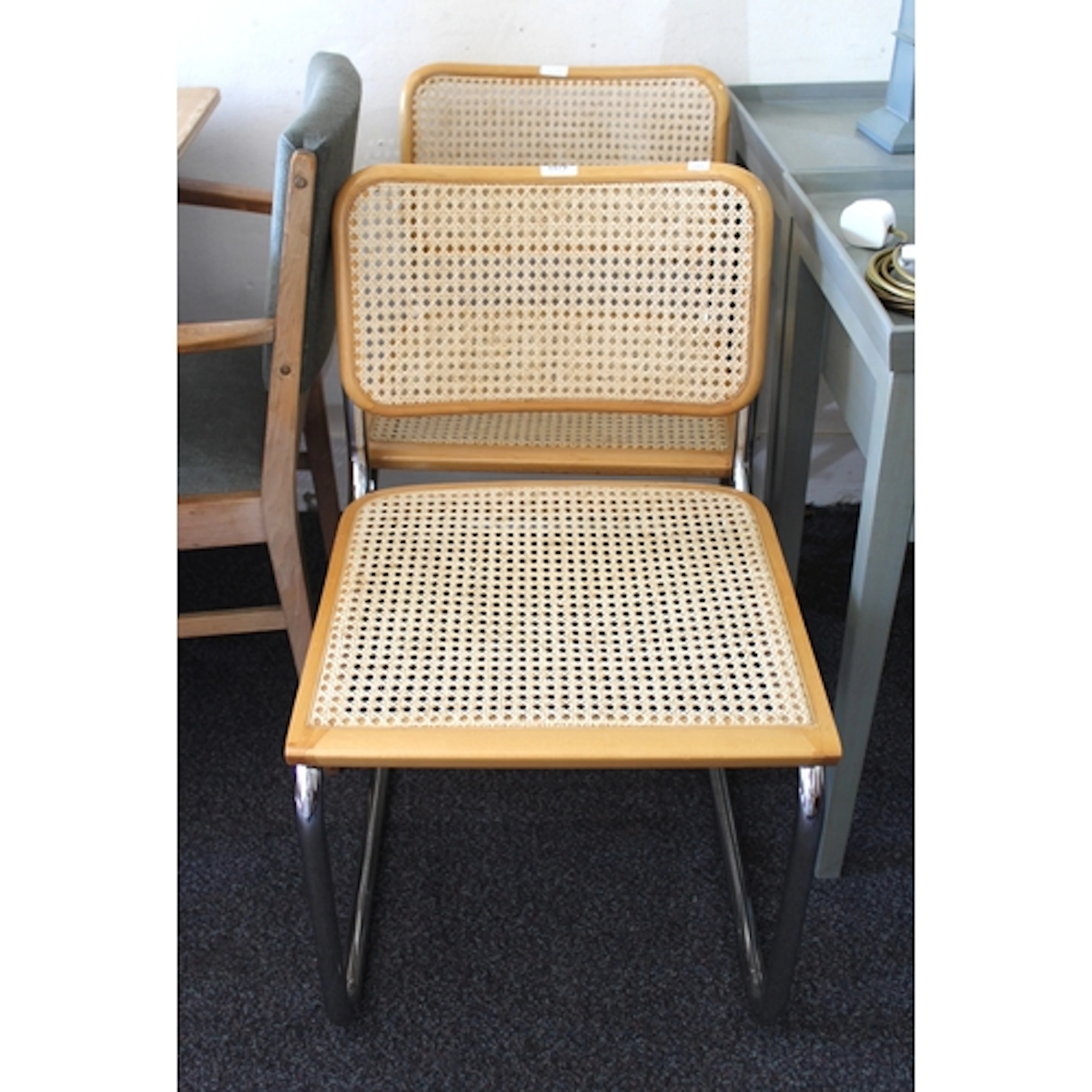 Pair of chrome and split cane dining chairs of Cesca design ...