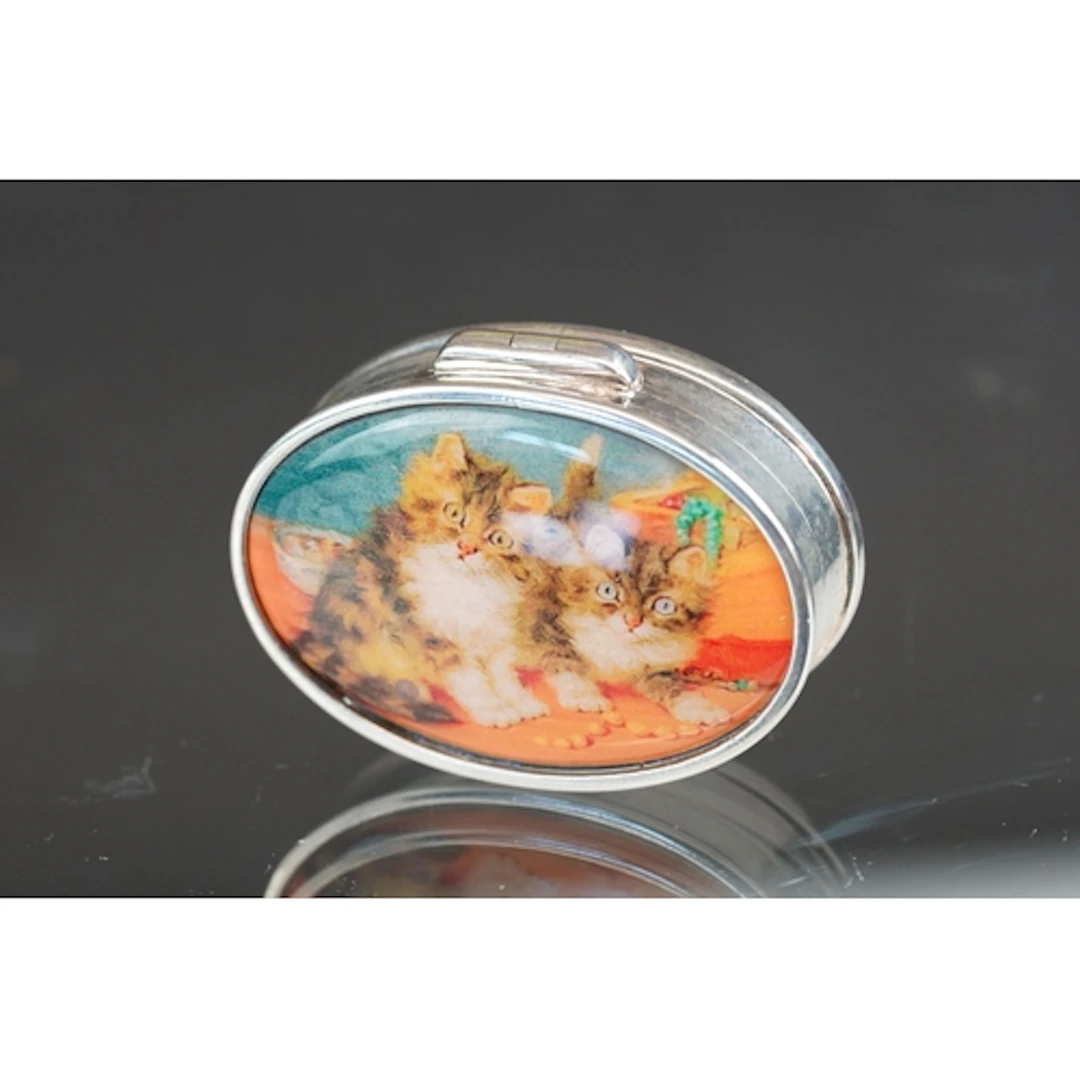 Silver pill box with enamel lid depicting kittens, 3.5cm lon...
