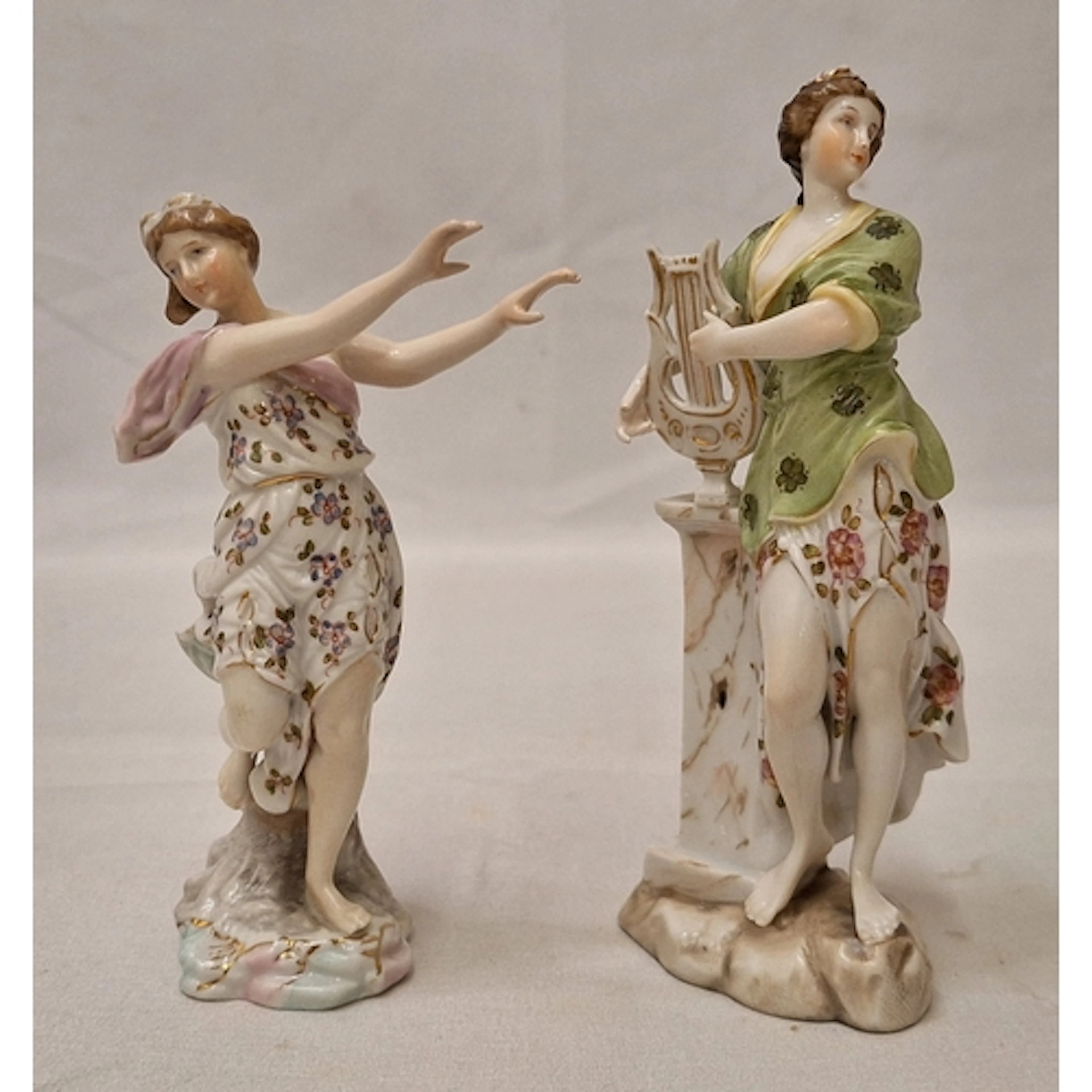2 German Porcelain Figurines, Harpist & woman dancing, both ...