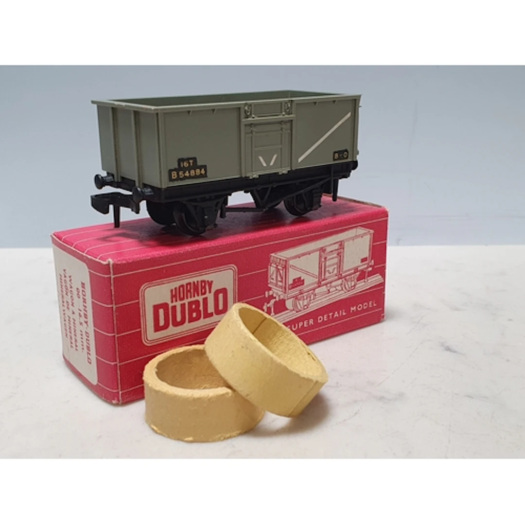 A boxed Hornby Dublo 4655 grey Mineral Wagon with open brake...