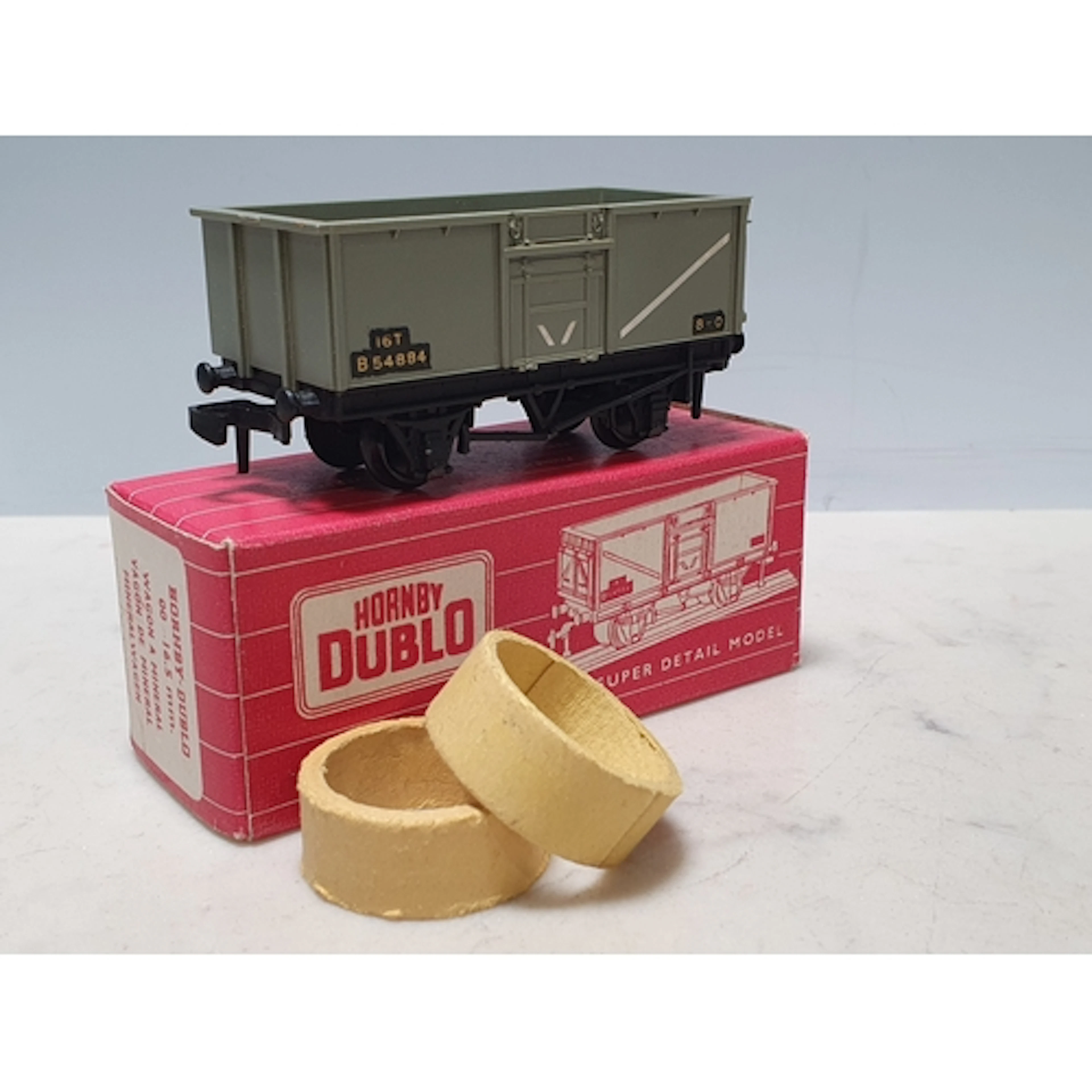 A boxed Hornby Dublo 4655 grey Mineral Wagon with open brake...