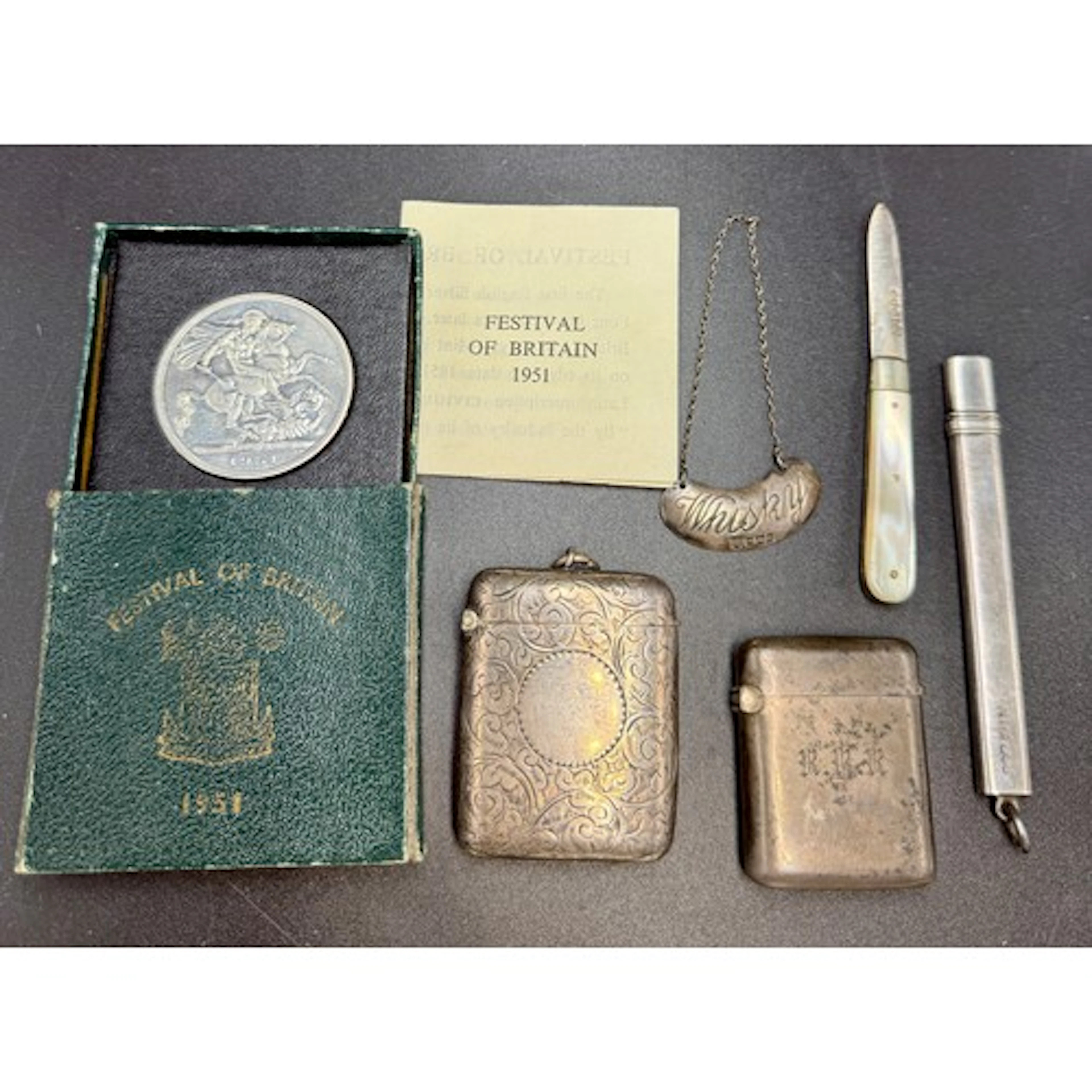 Two silver vesta cases, silver cased pencil holder, Whisky l...