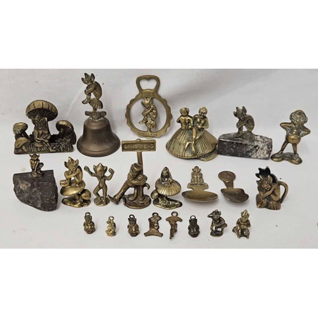 Vintage Brassware Pixie & Imp items incl. bells, letter rack...
