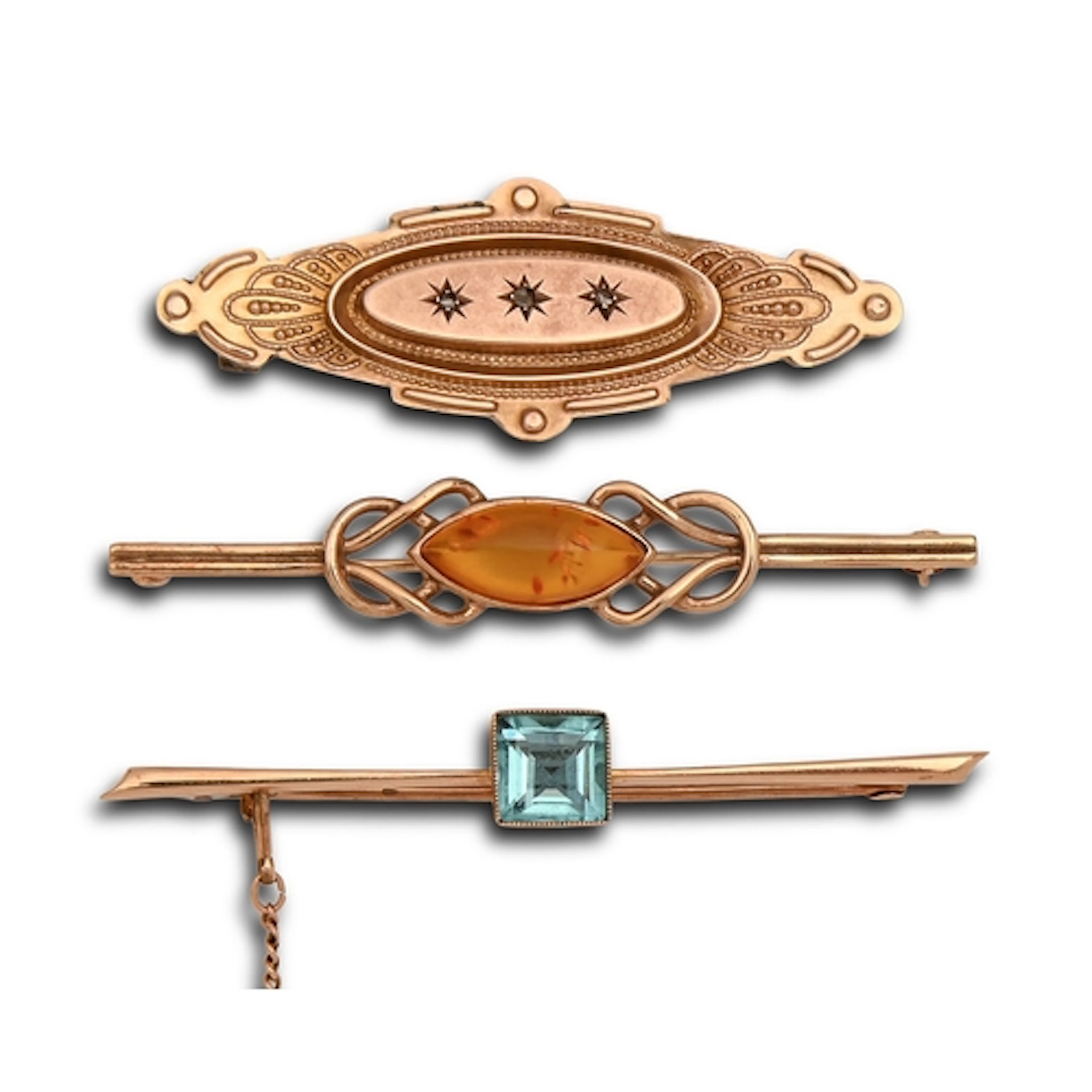 A square step cut blue zircon bar brooch, in gold marked 9ct...