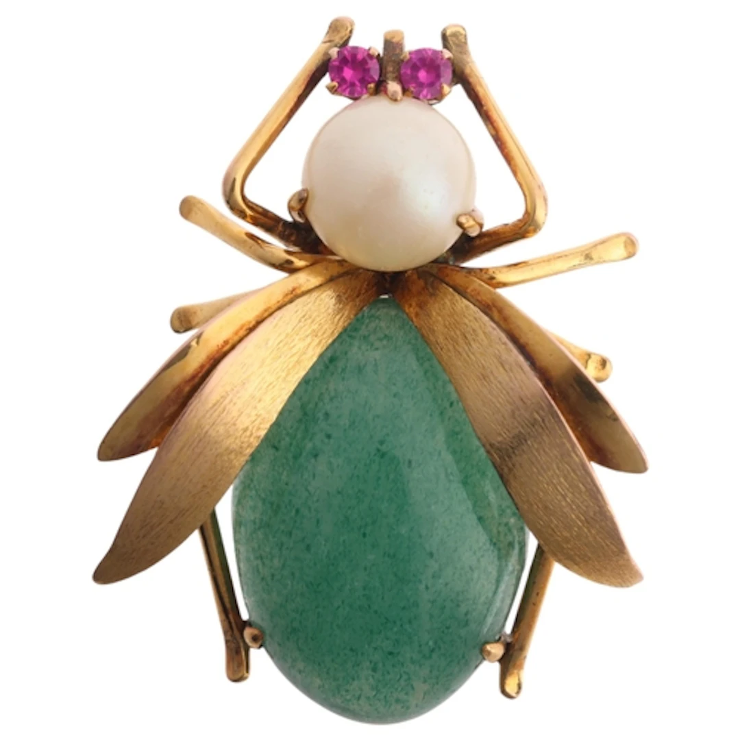 A Continental 14ct gold gem set 'Fly' brooch, set with oval ...