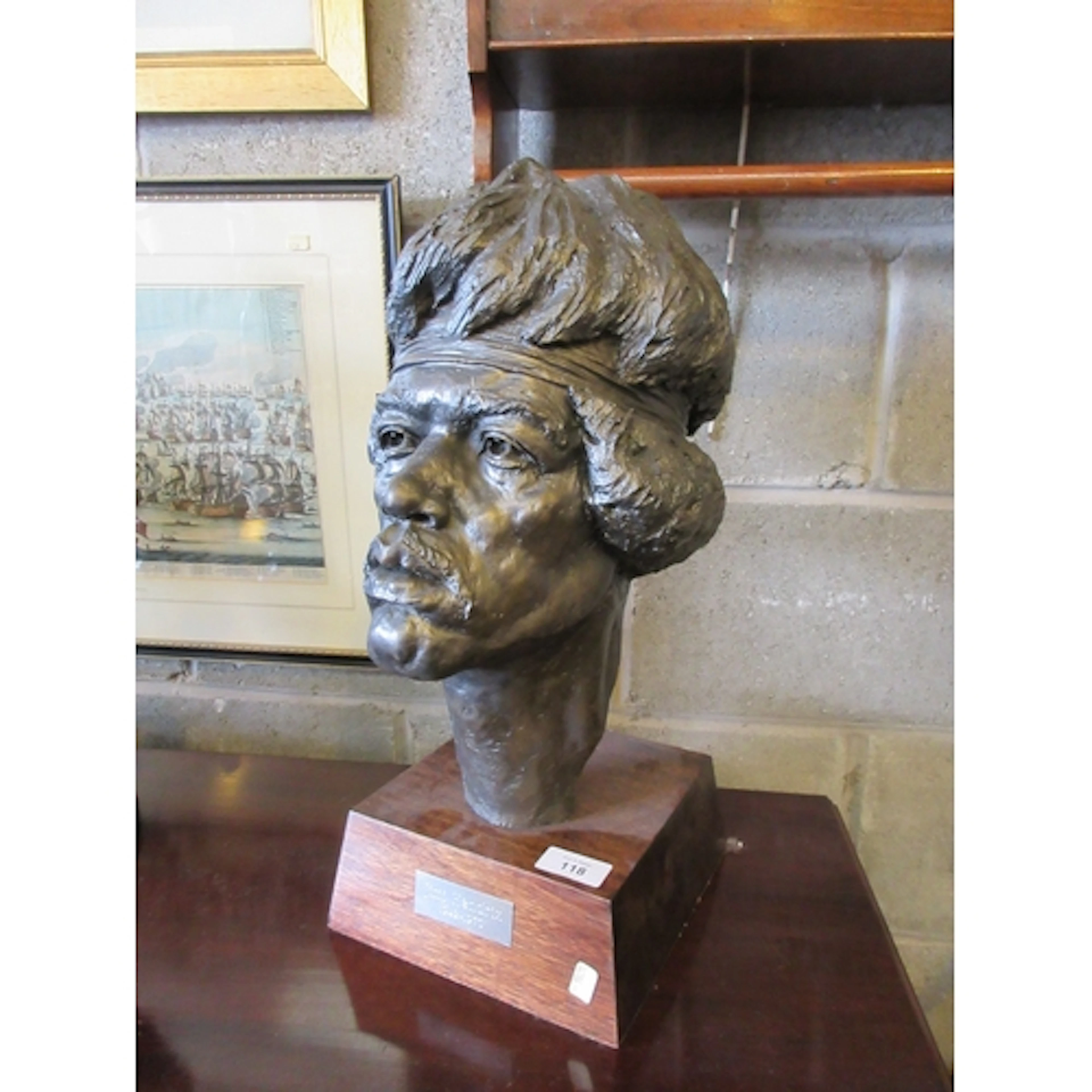 Patinated Head Sculpture of Jimi Hendrix on a Wooden Stand, ...