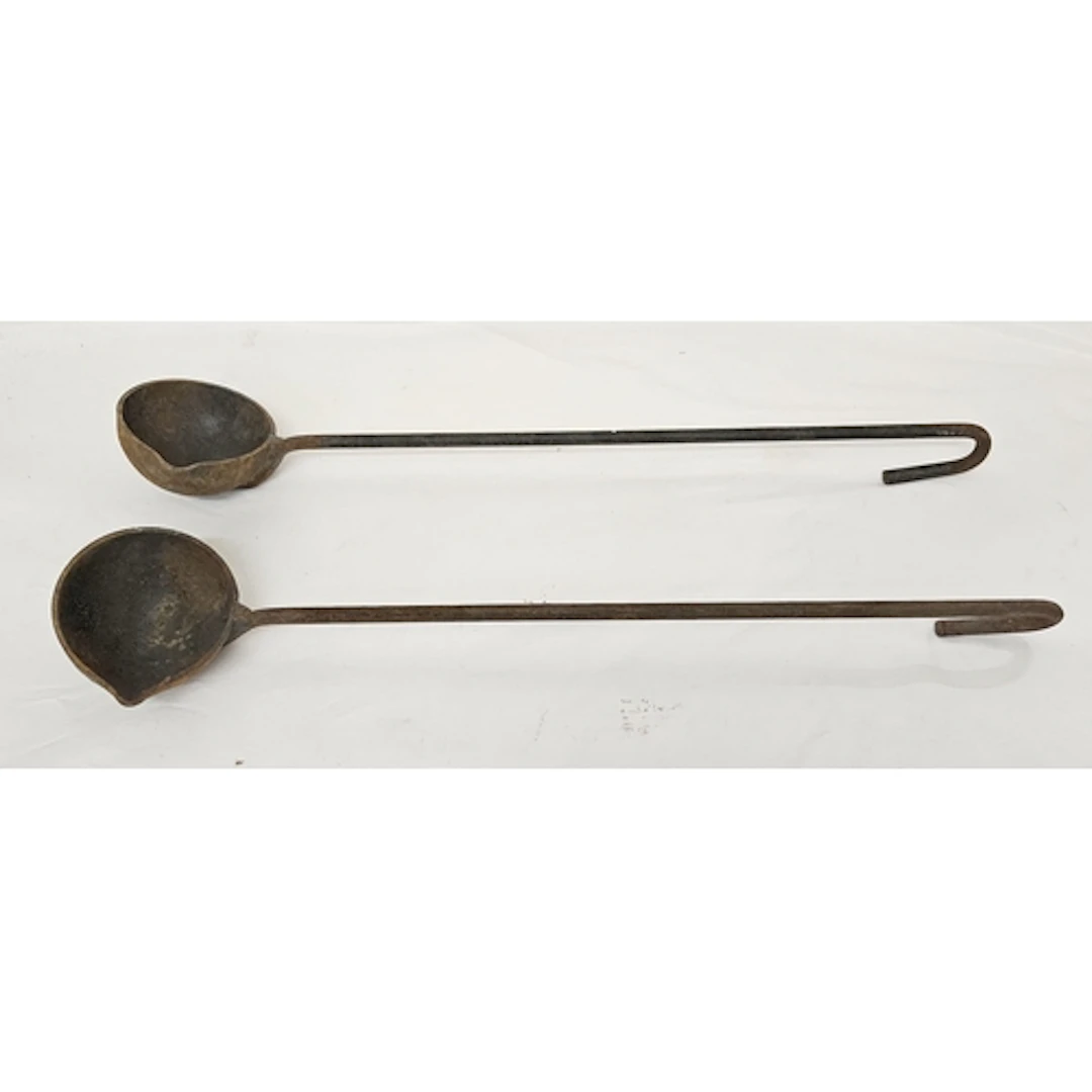 2 Antique Hand Forged Cast Metal Blacksmiths Ladles approx. ...