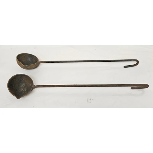 2 Antique Hand Forged Cast Metal Blacksmiths Ladles approx. ...