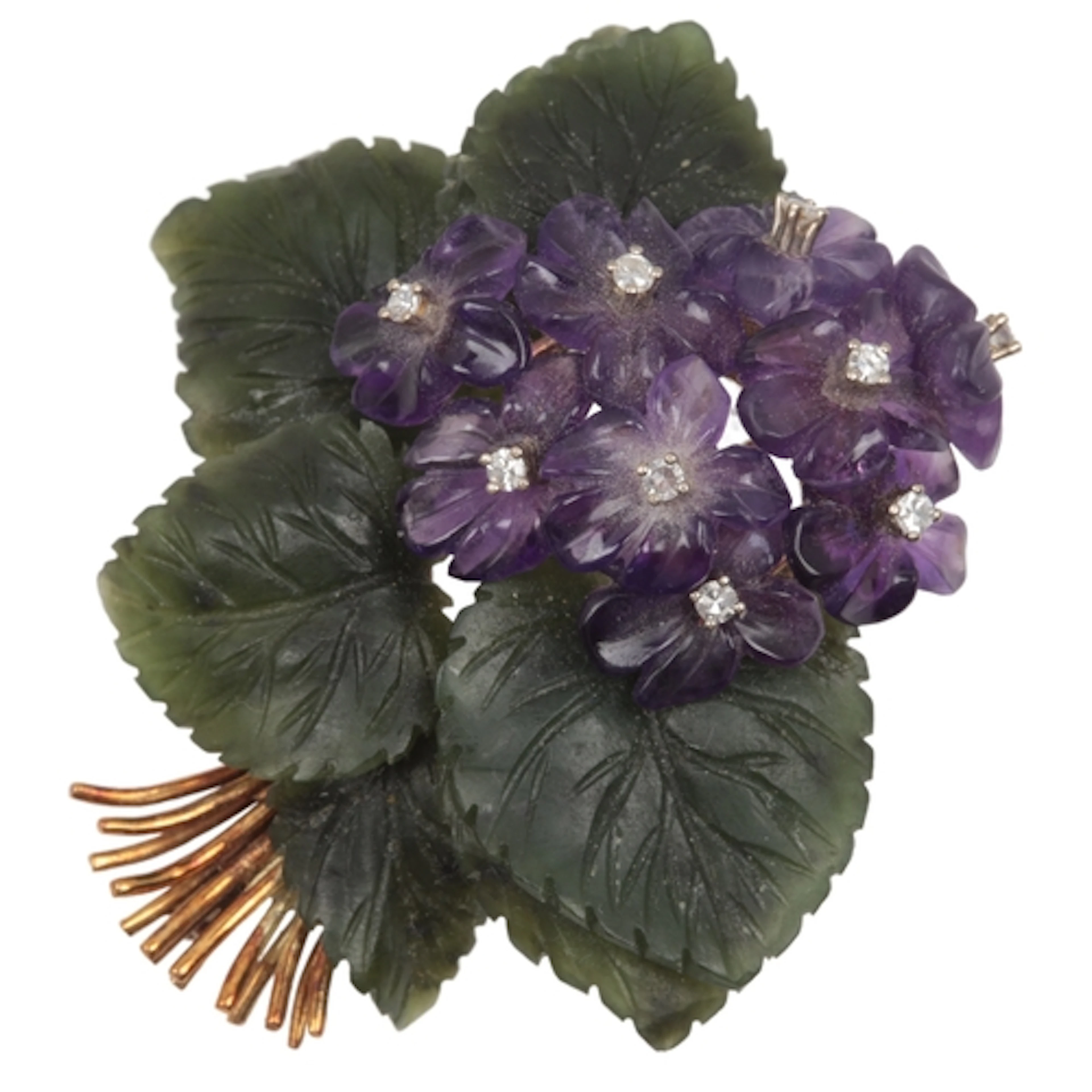 An amethyst, nephrite and diamond brooch, mid 20th century, ...