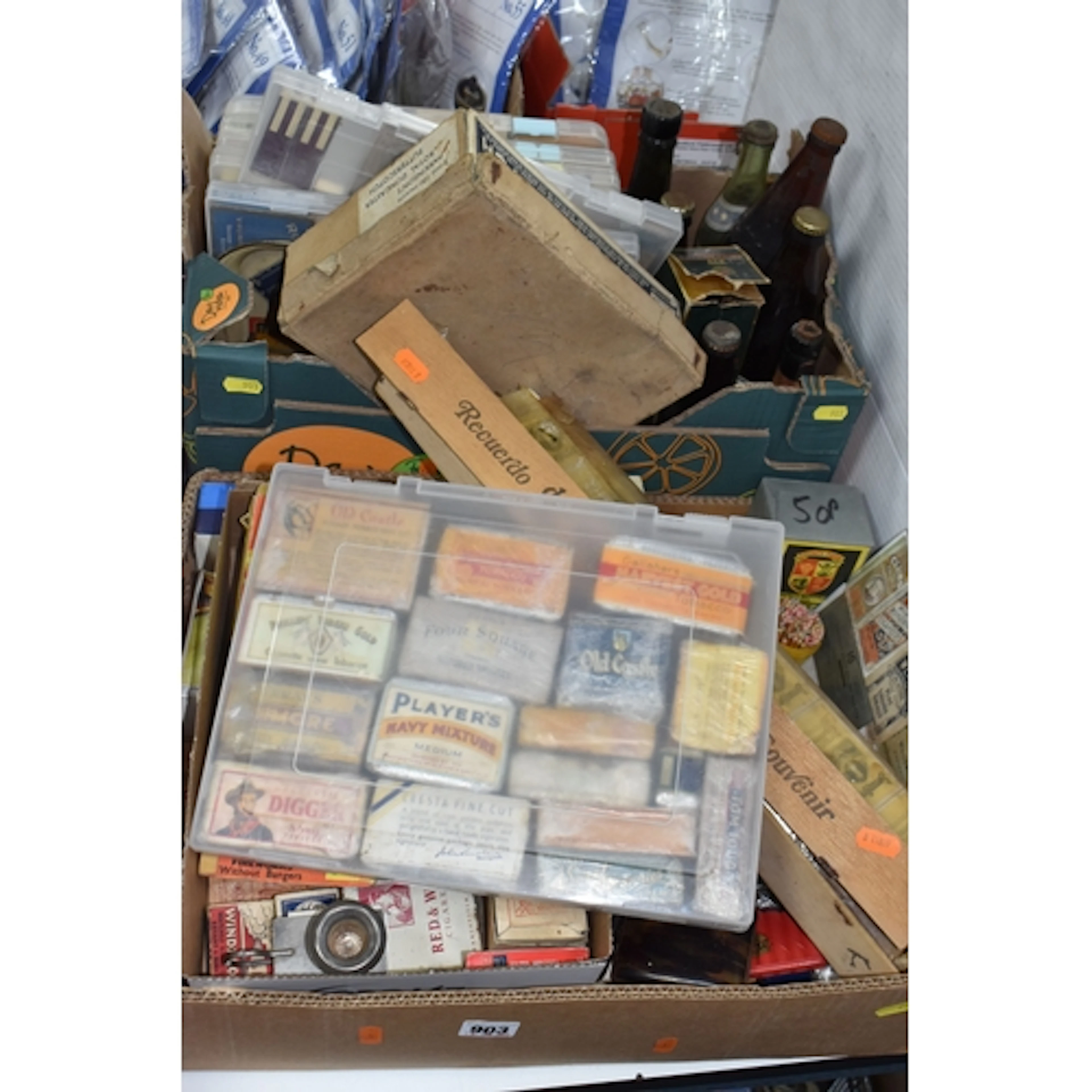 TWO BOXES OF VINTAGE TOBACCIANA to include seven cases fille...