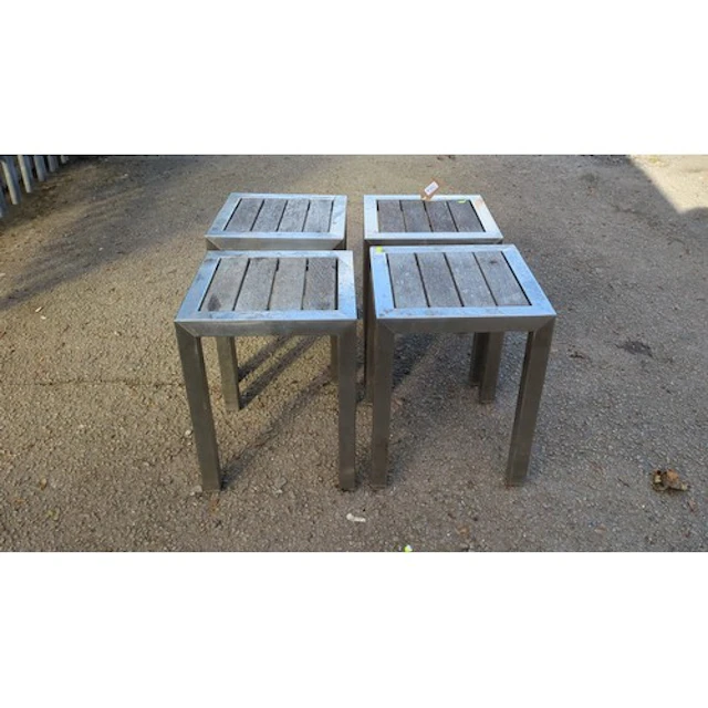 Four contemporary garden stools, each with a slatted timber ...