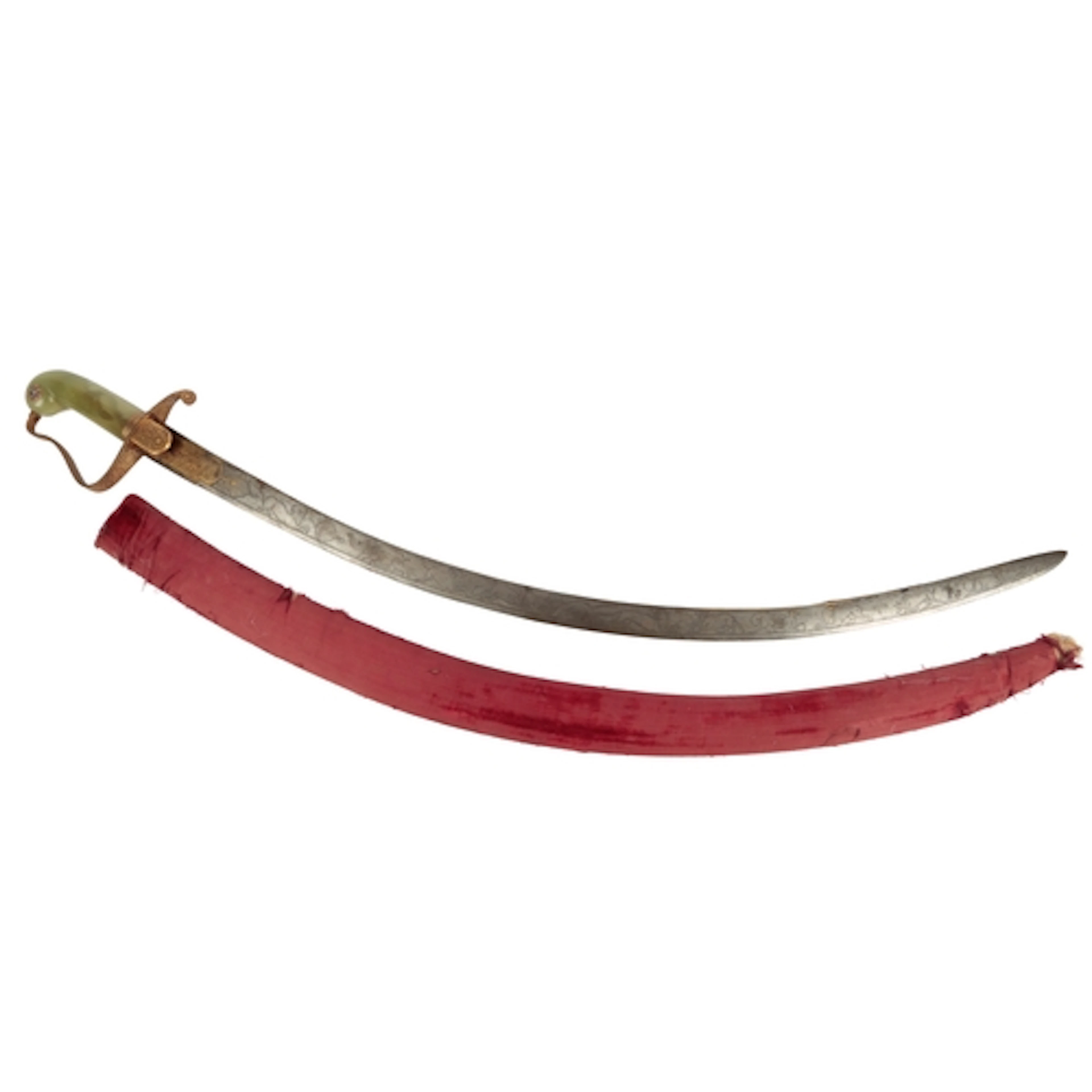 An Indian 'jewelled' bowenite handled tulwar and scabbard, e...