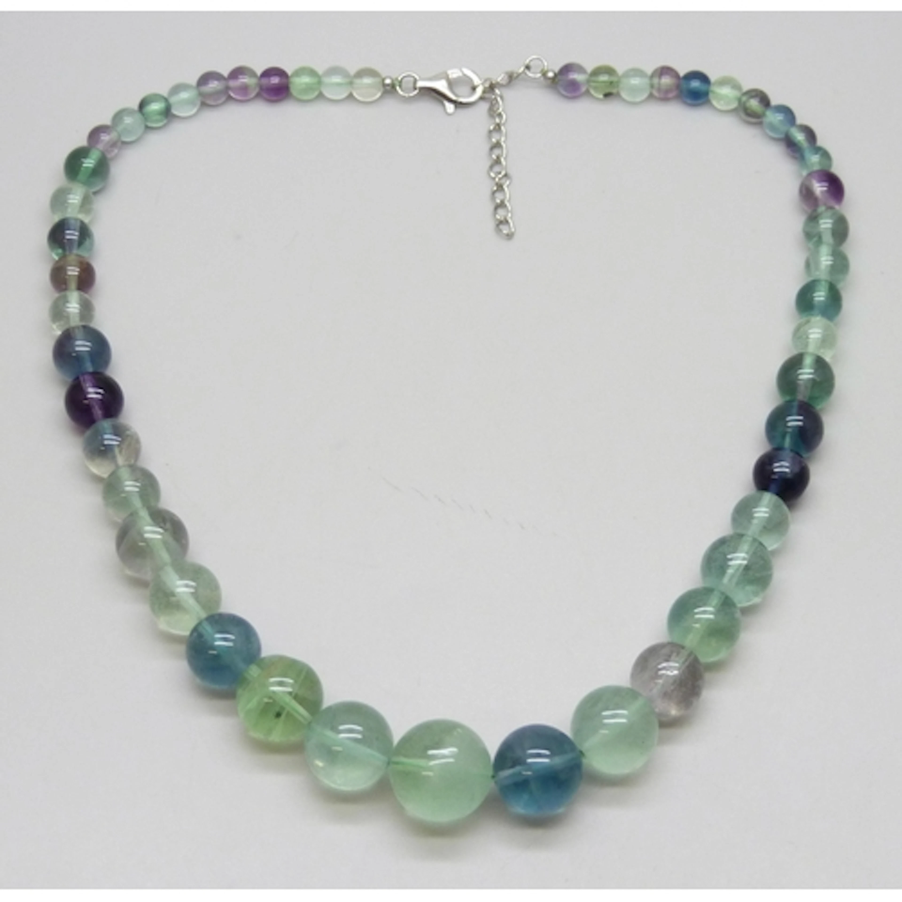 A fluorite bead necklace with a silver clasp, 47cm, 72g