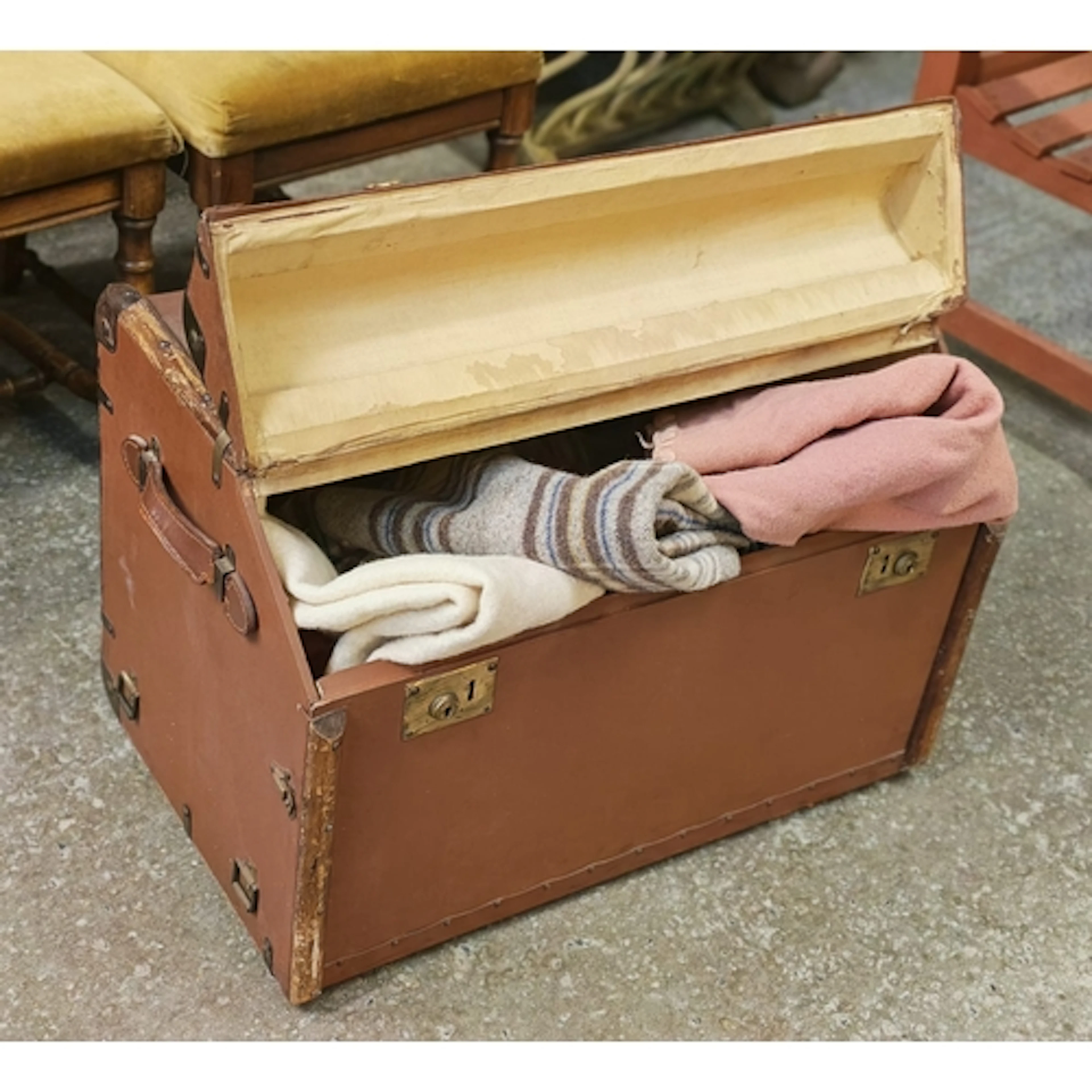 Vintage cane bound car trunk with American cloth cover, leat...