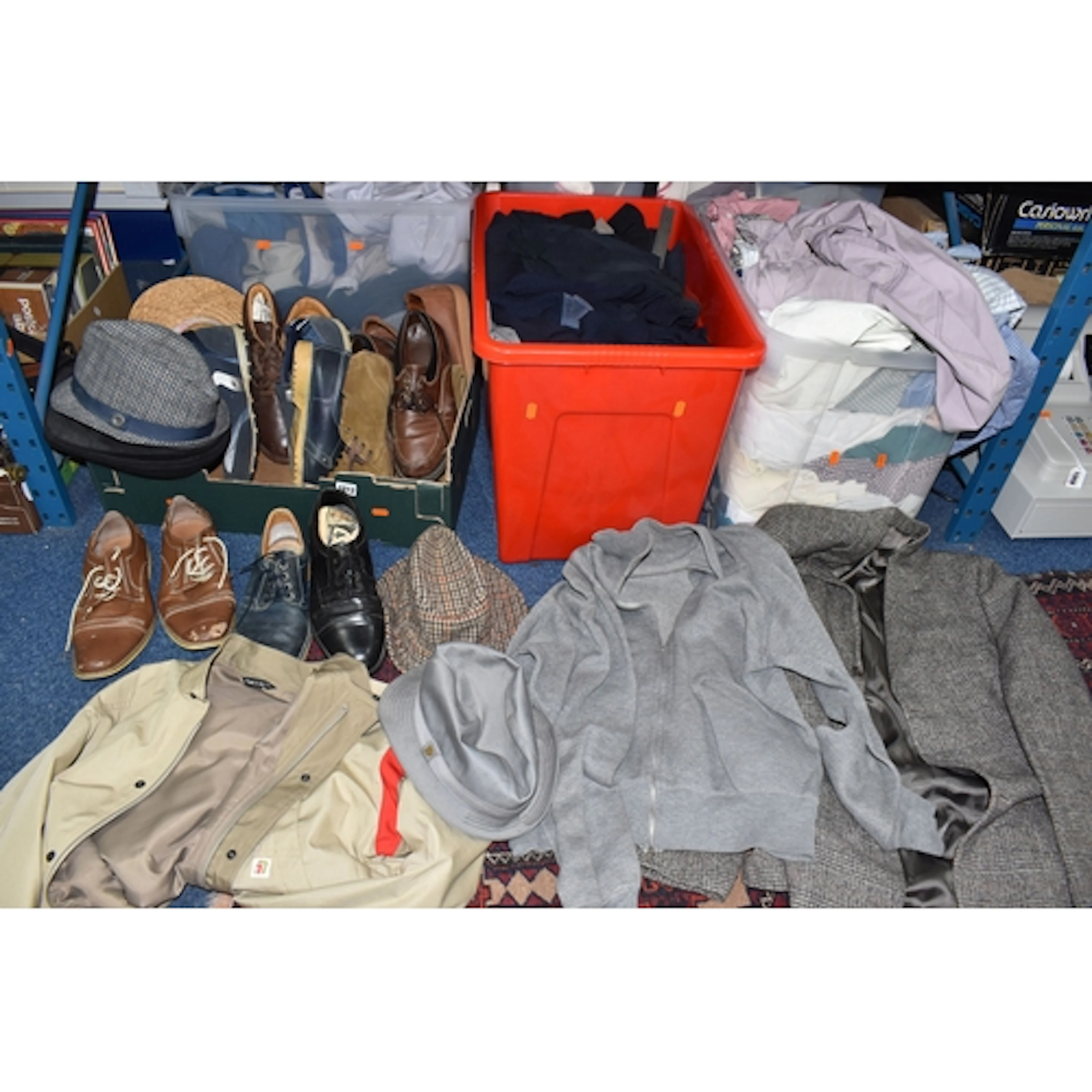 FOUR BOXES OF MENS CLOTHES AND ACCESSORIES, approximately on...