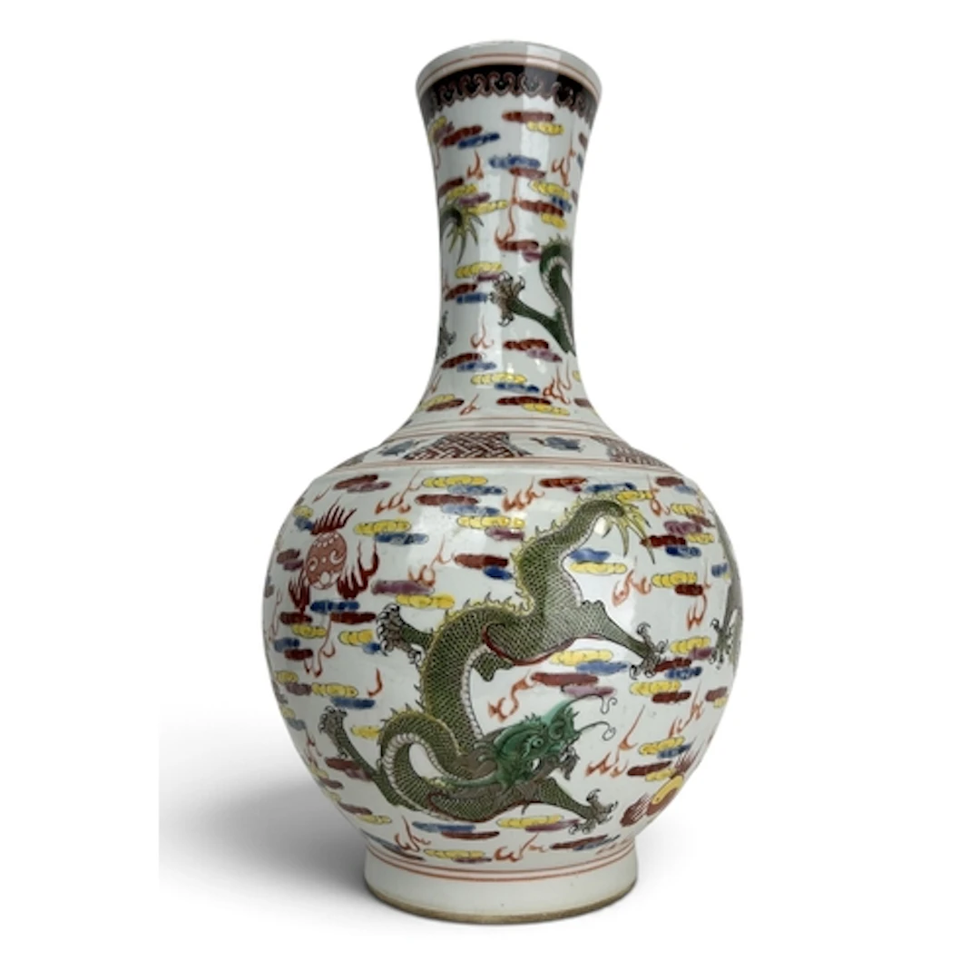 A CHINESE LONG NECK CERAMIC VASE Six character mark to verso...
