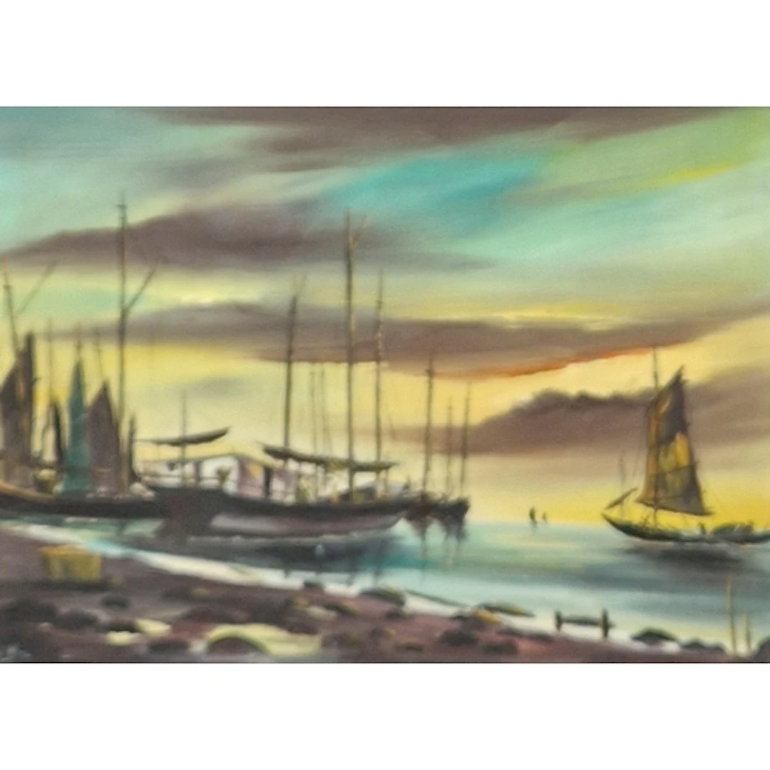 S.M.L. Boats near a shore at Sunset, signed with initials, o...