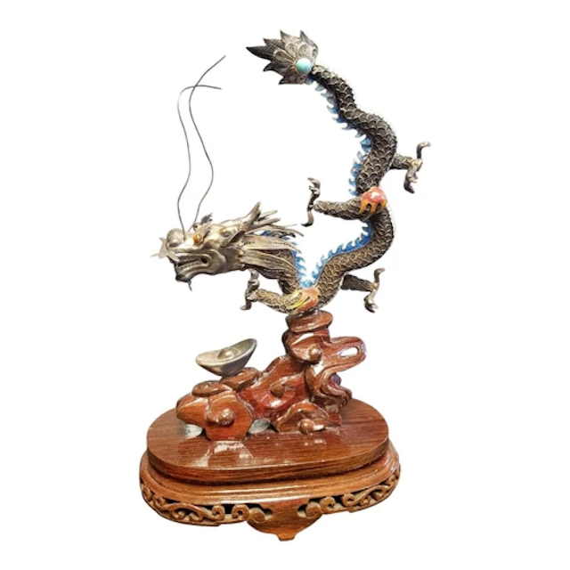 20th century Chinese silvered metal and enamel filigree drag...