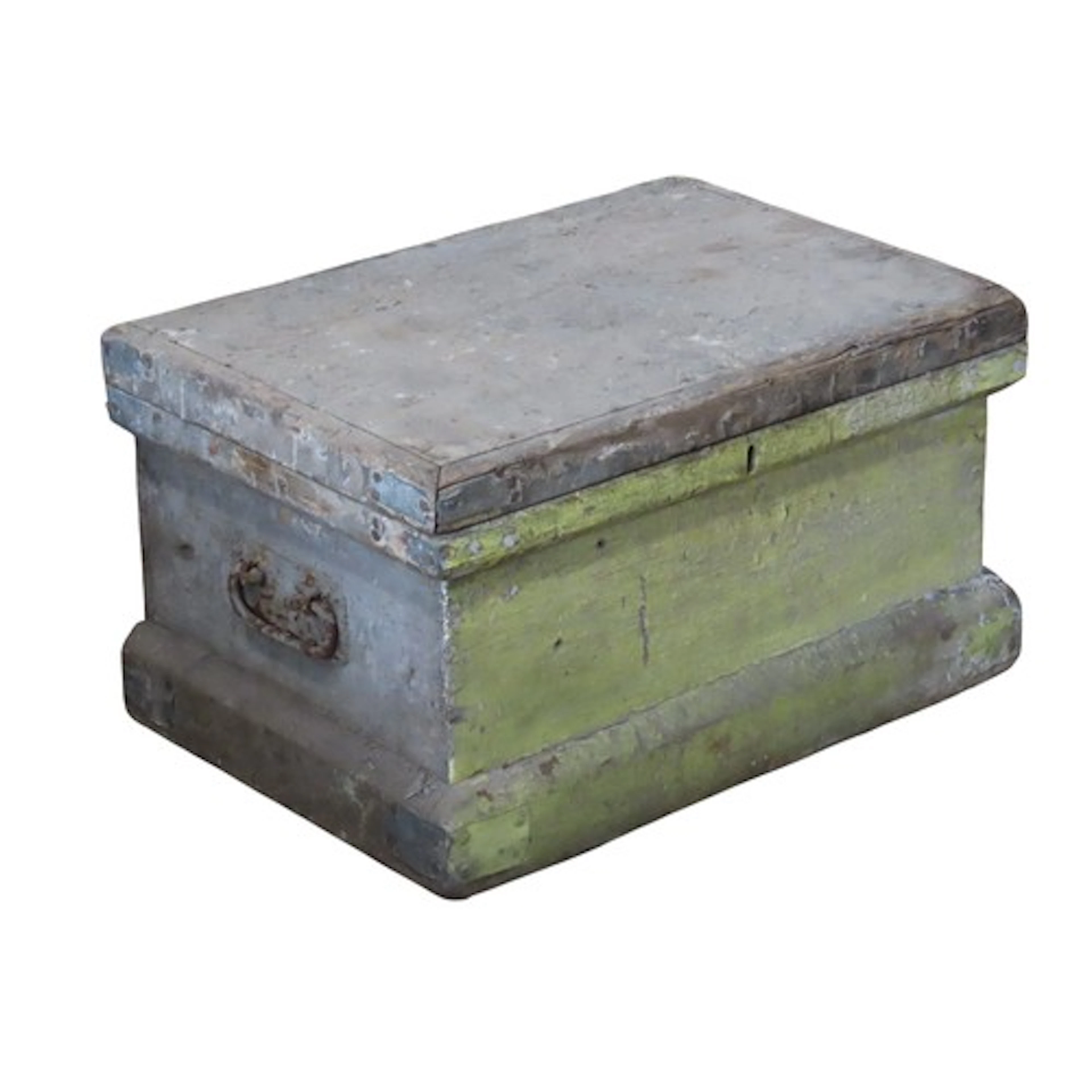 A small antique heavy gage painted pine box with hinged lid ...