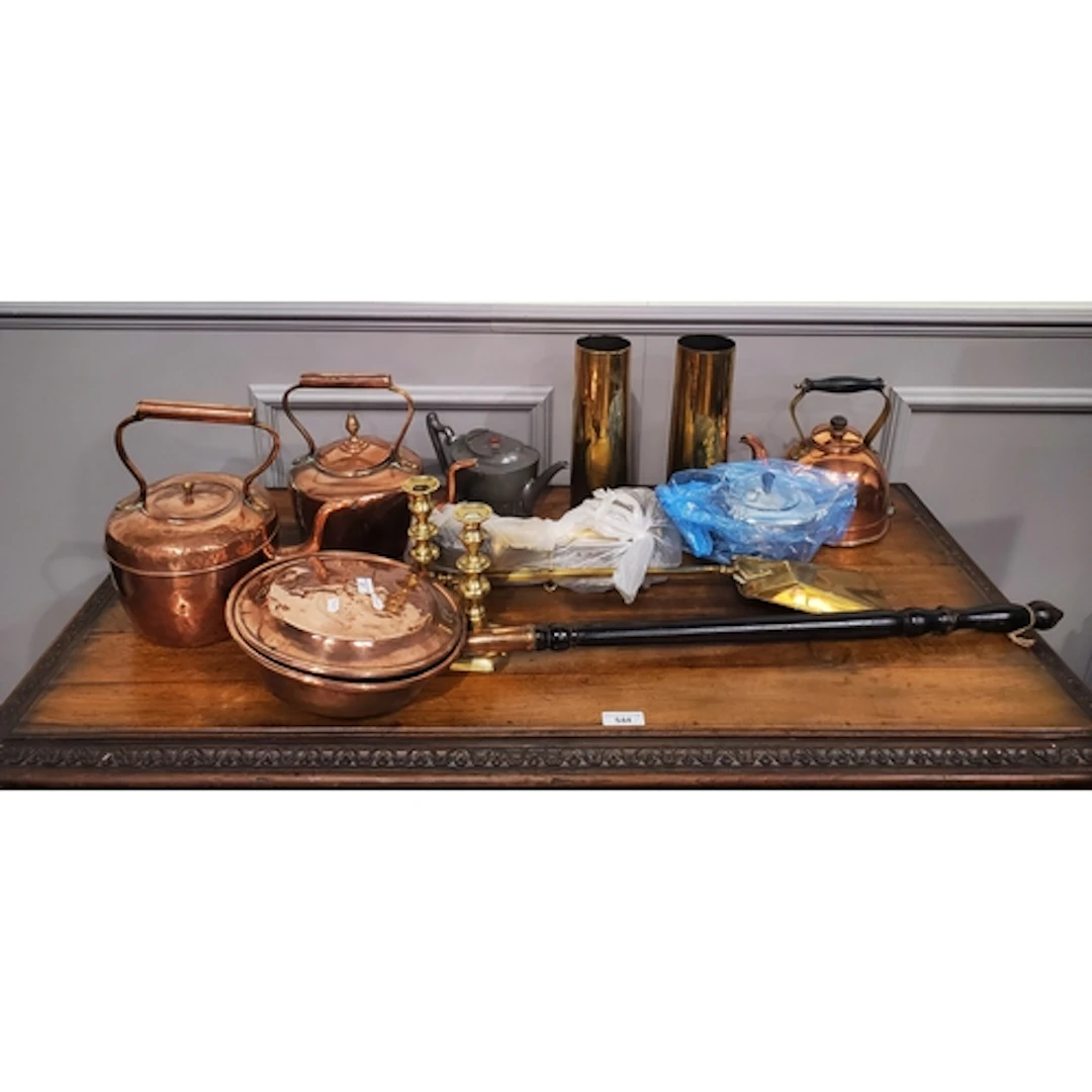 A collection of assorted brassware, warming pan, copper kett...