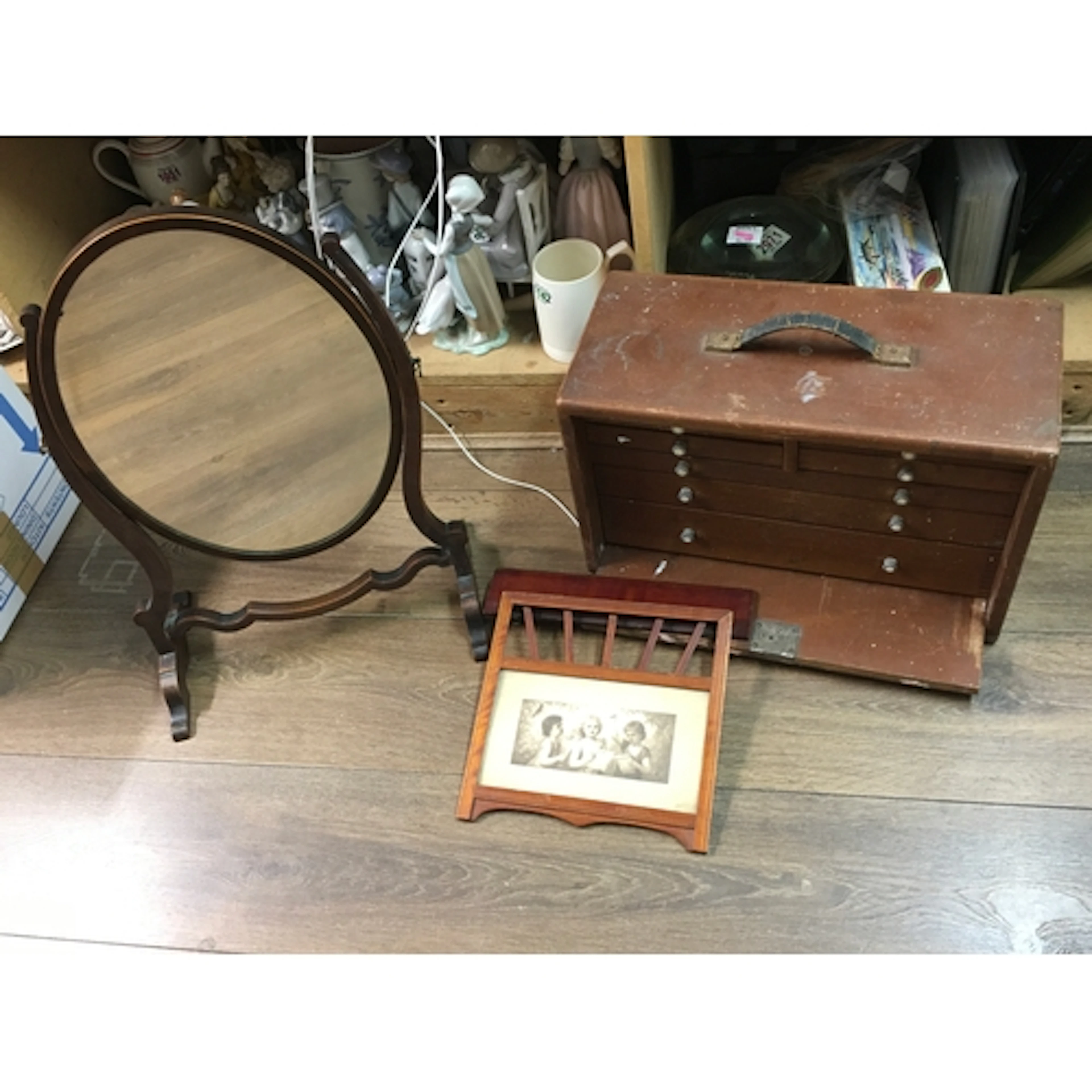 Mahogany swing mirror , frame and collectors box