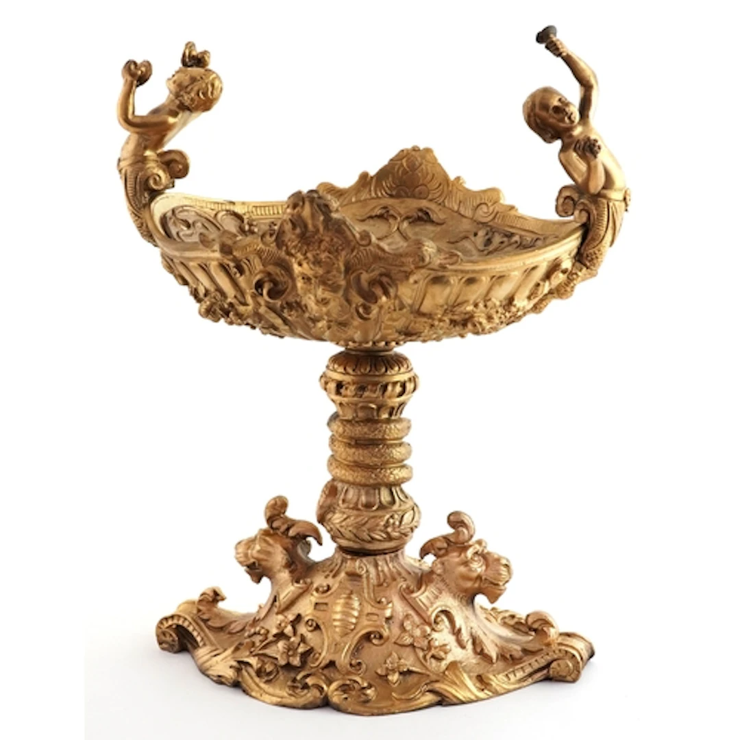 Gilt bronze French Rococo style bonbon dish decorated with f...