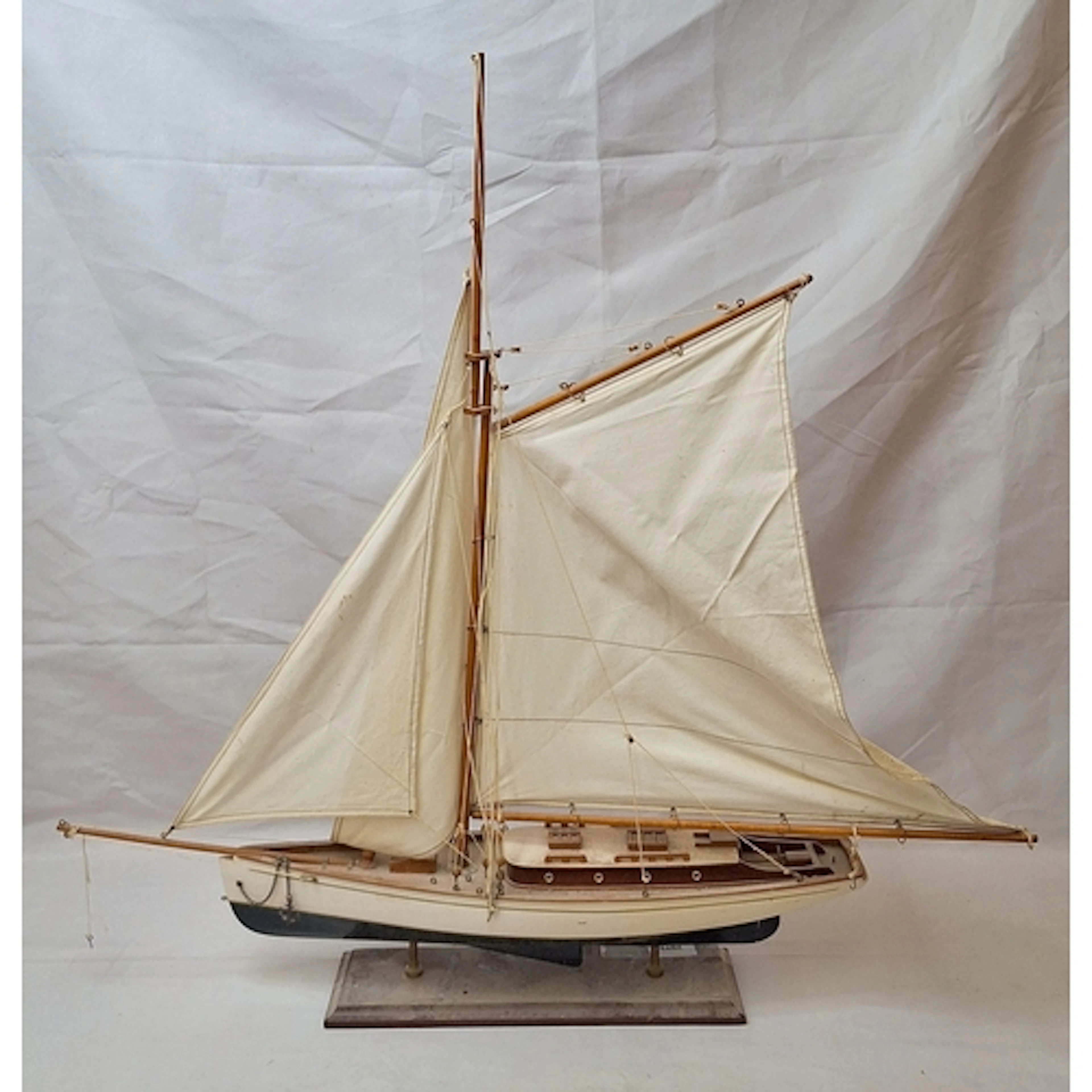 Large 3 Masted Rigged Yacht on wooden base, approx. 87cm H x...