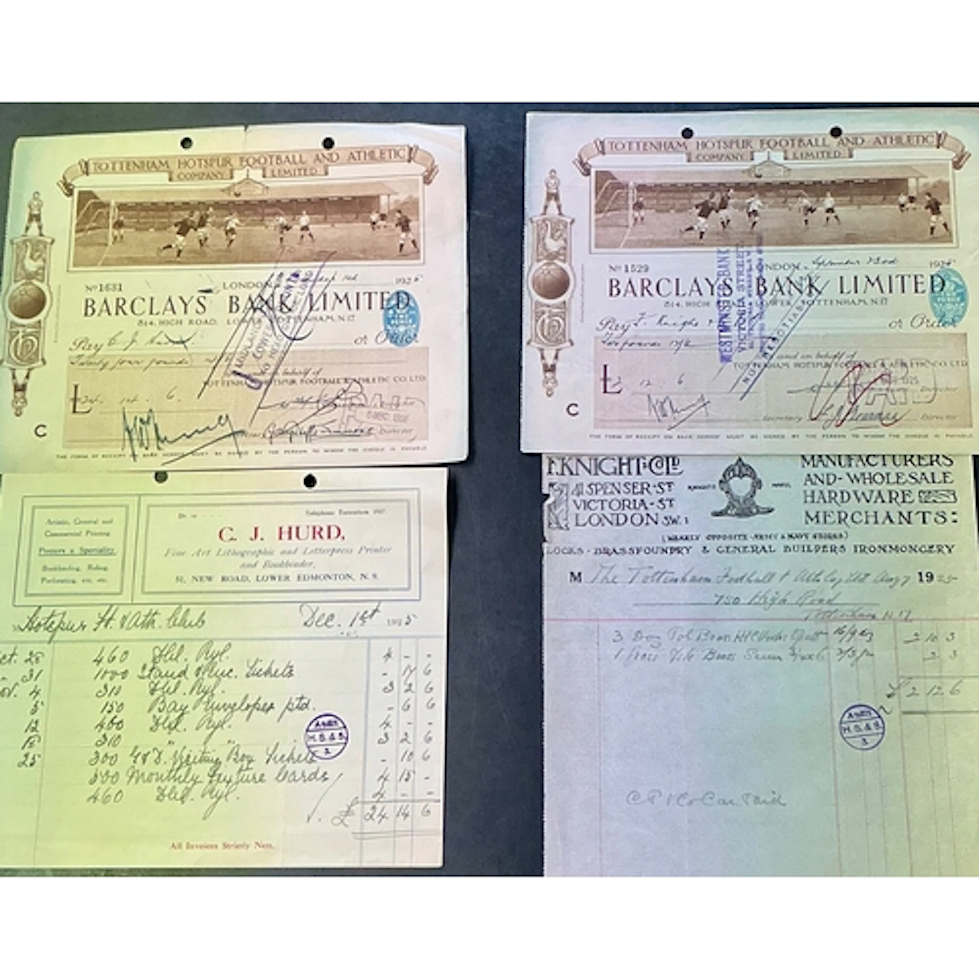 1920s Tottenham Hotspur Football Cheques + Correspondence Co...