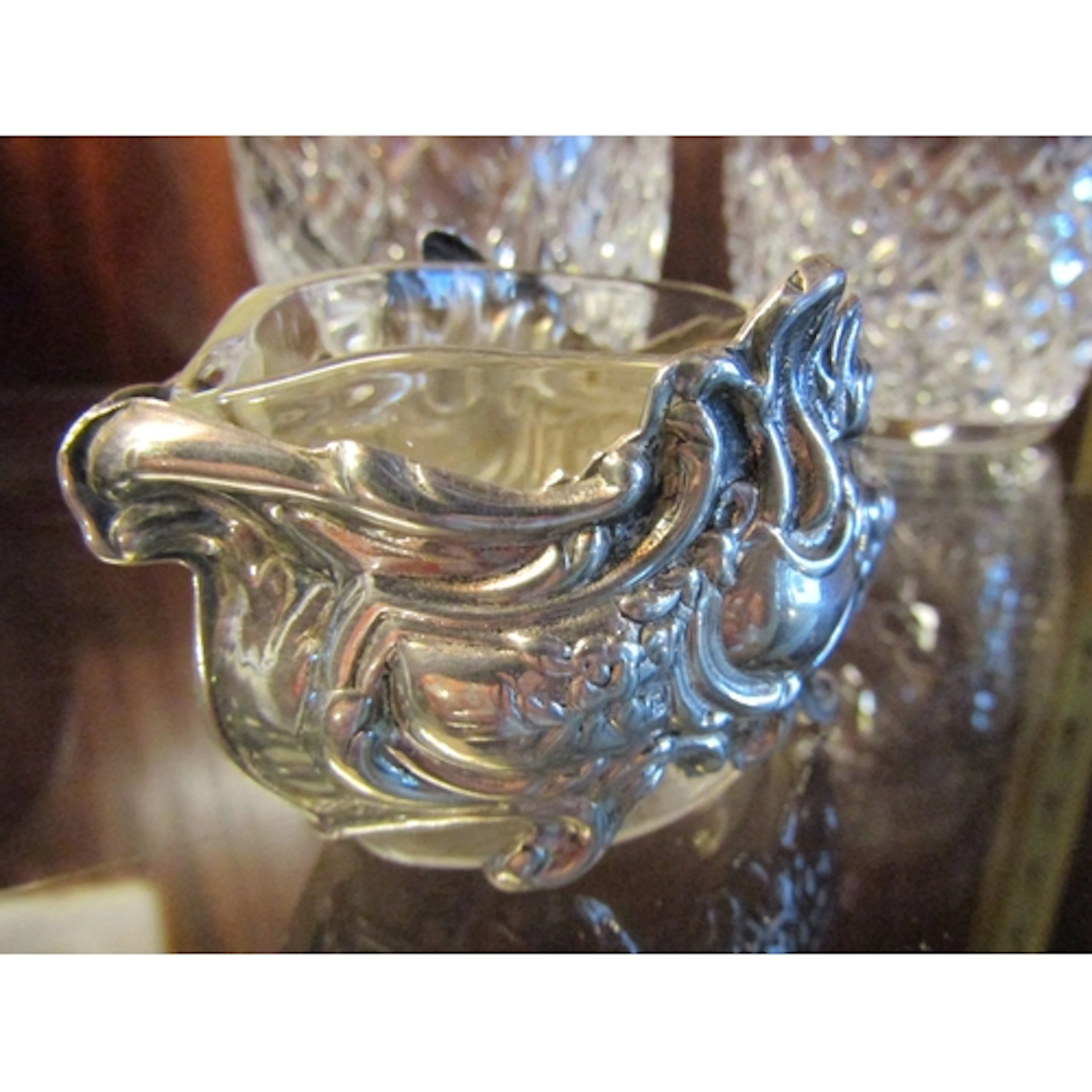 Silver Table Salt Cartouche Form with Glass Inset Liner